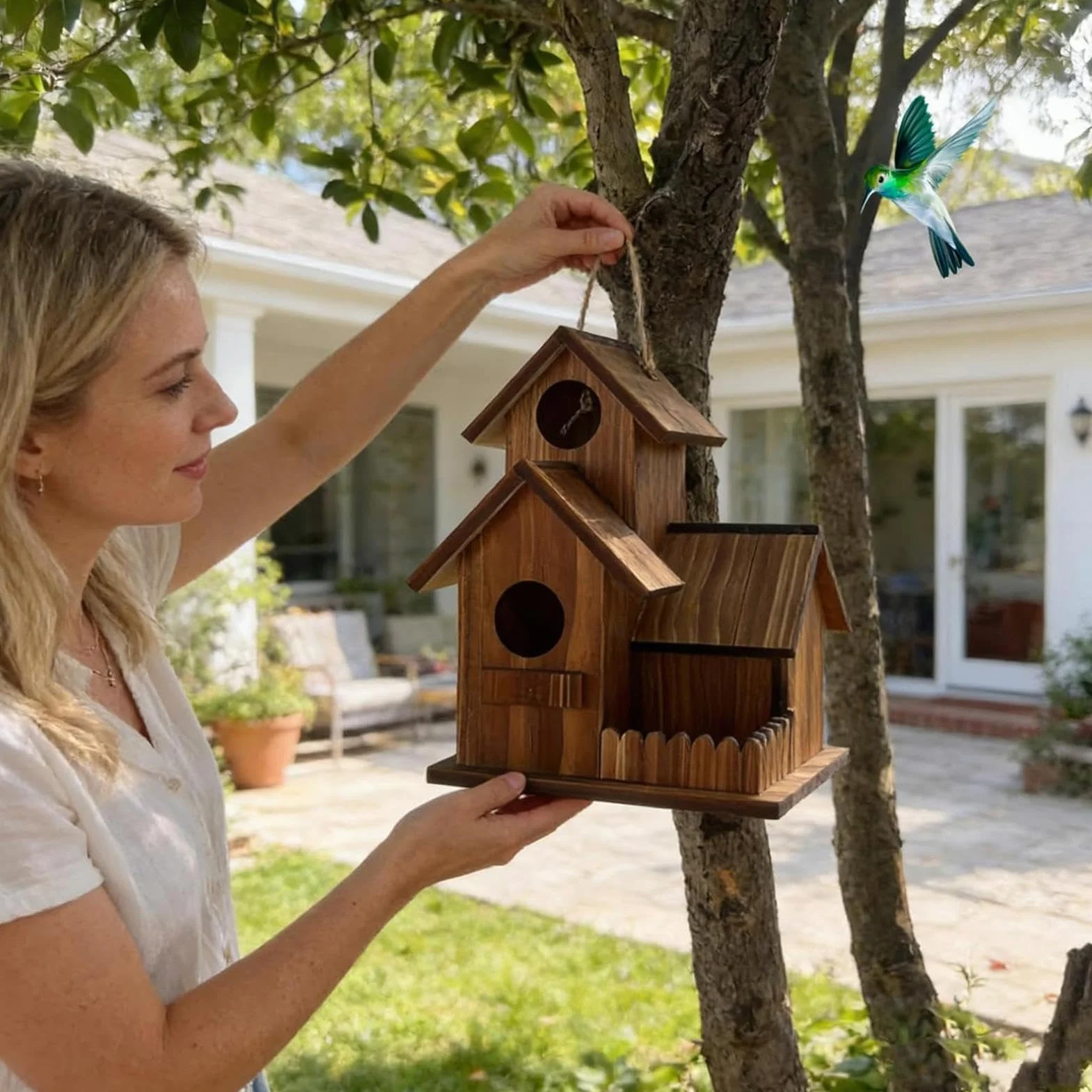 Casa para Ardillas Exterior Madera con Diseño Compartimentos Techo Flexible Alimentador Árbol Jardín
