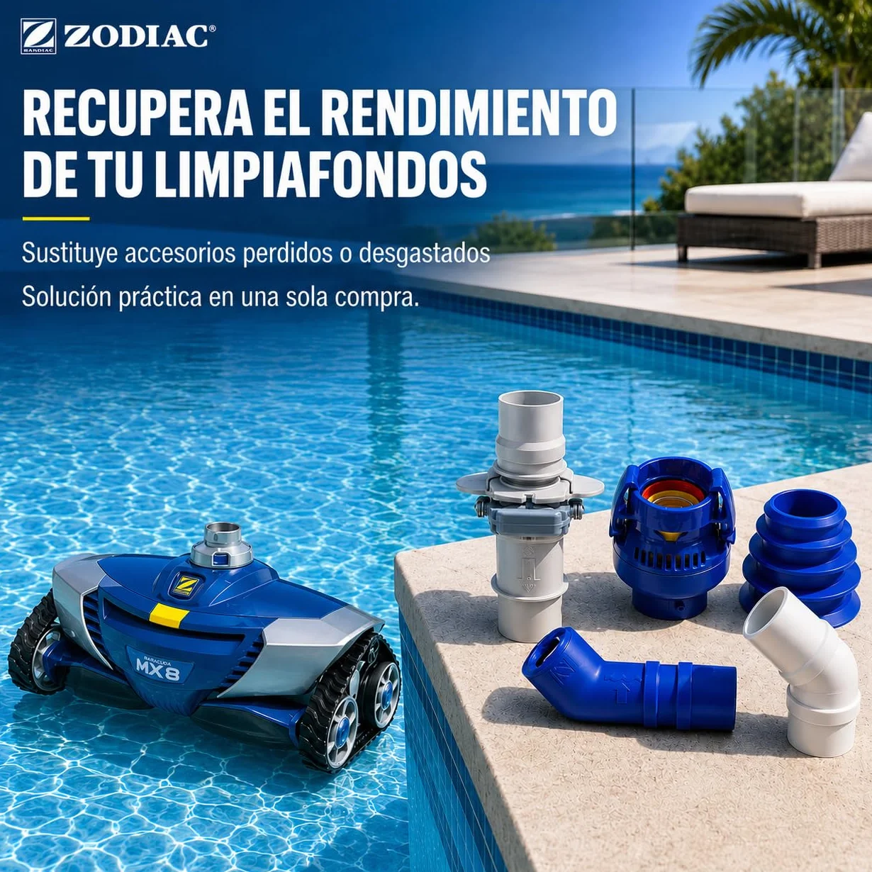 Repuestos Zodiac MX6 MX8 Compatible Kit Completo Válvula FRV100 Adaptador Cónico Codo 45° Conectores Twist Lock Accesorios Limpiafondos Piscina