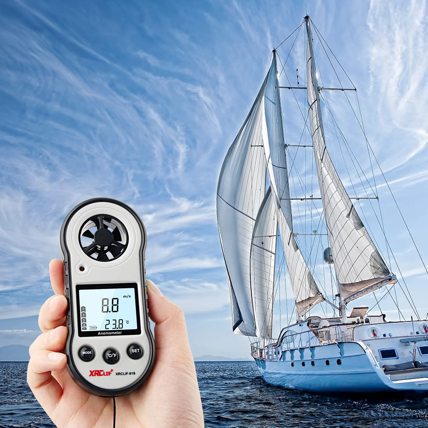 Anemómetro digital de velocidad del viento medidor de flujo de aire para temperatura y velocidad gris