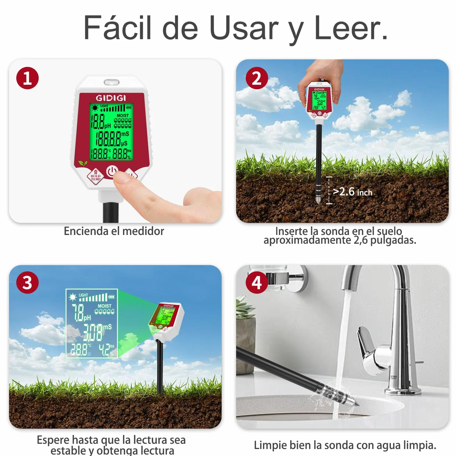Medidor de pH y Humedad del Suelo 6 en 1, Monitor Digital para Plantas, Jardinería y Agricultura