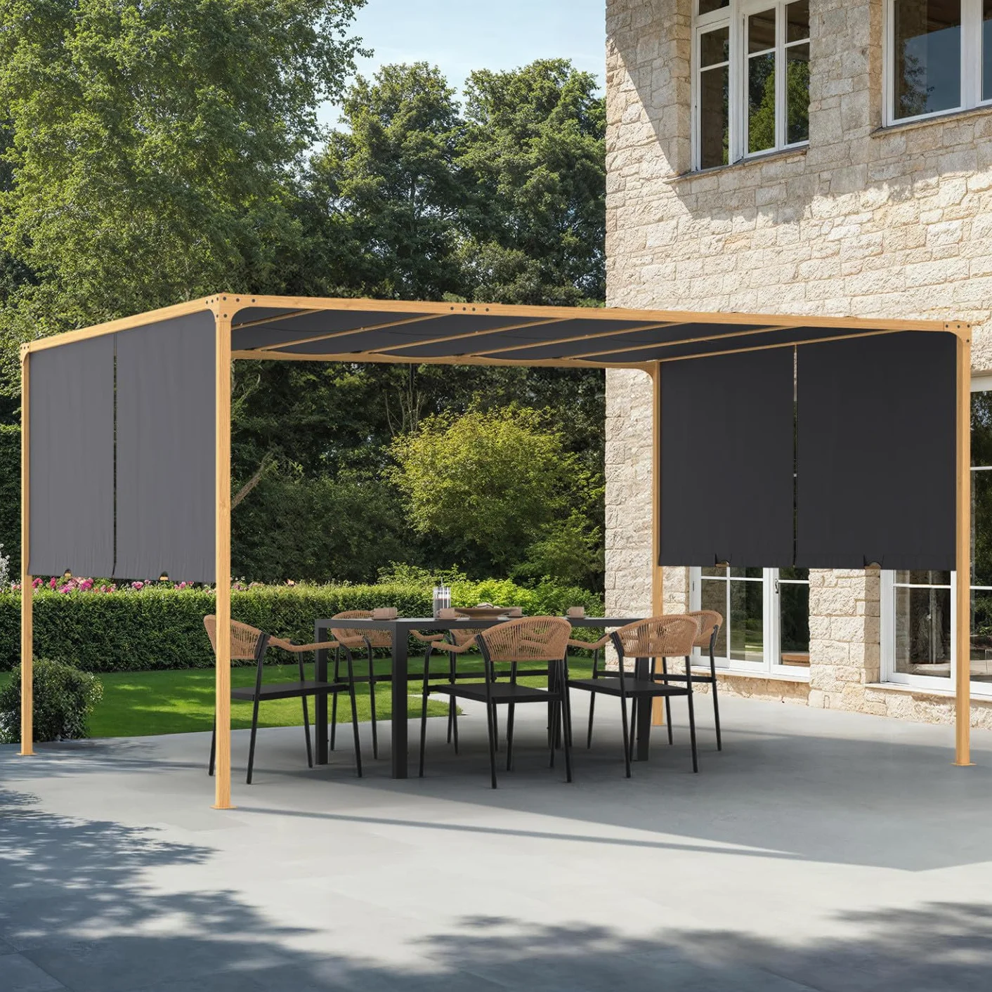 Pérgola corredera 3 x 4 m efecto madera lona gris antracita para jardín