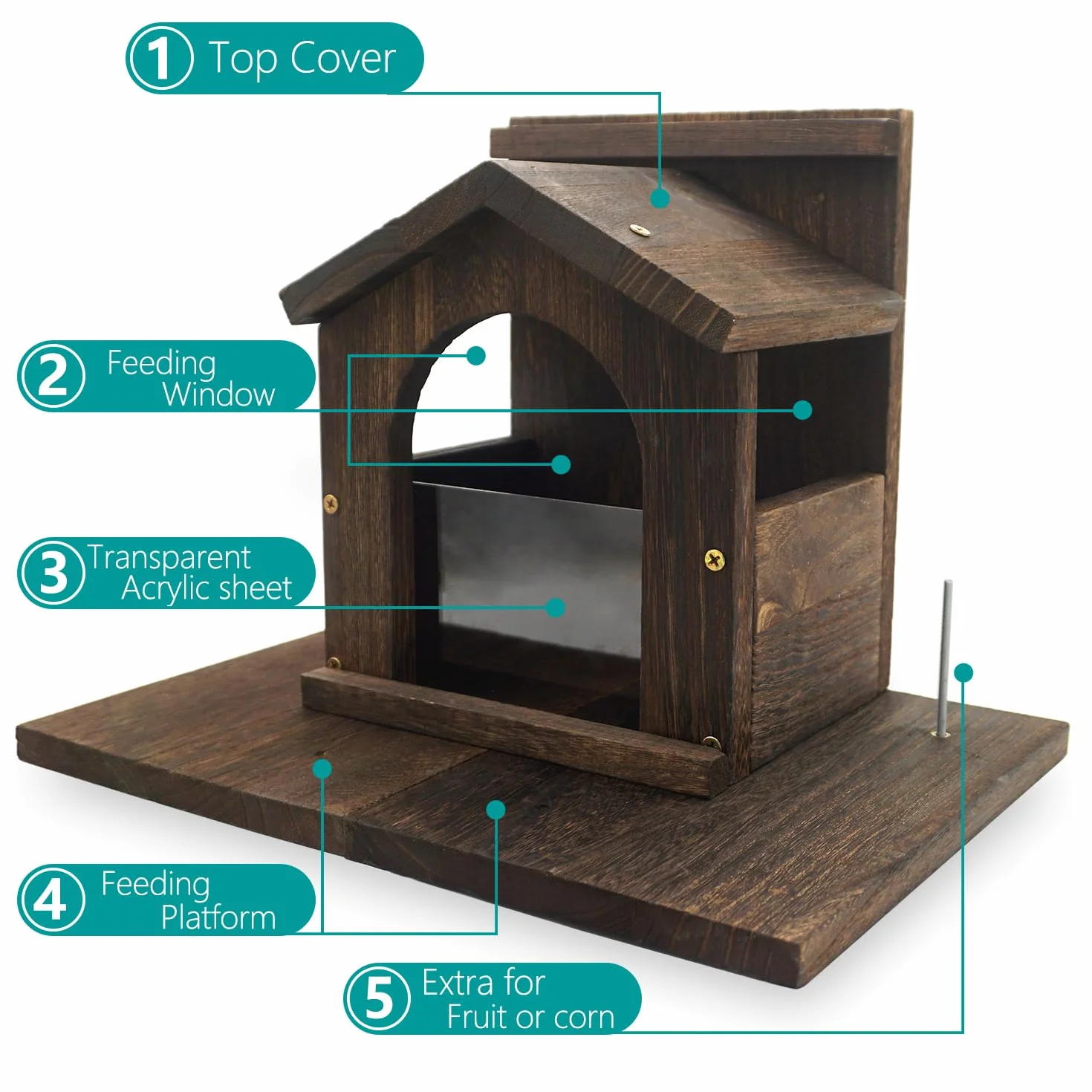 Comedero de madera para ardillas plataforma comida gran capacidad color madera oscura