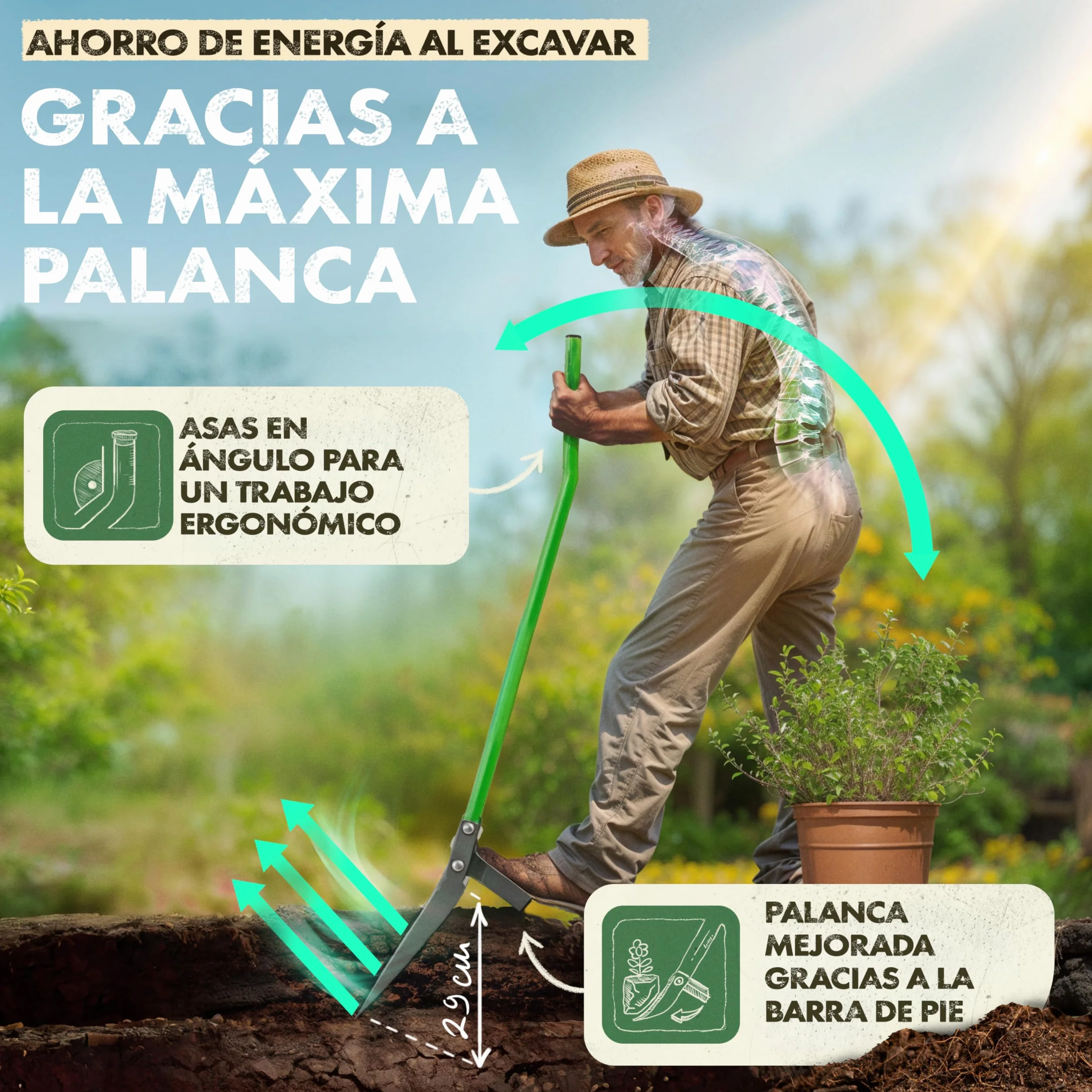 GARLINGO Horquilla de excavación 50 cm con estribo tenedor de jardín