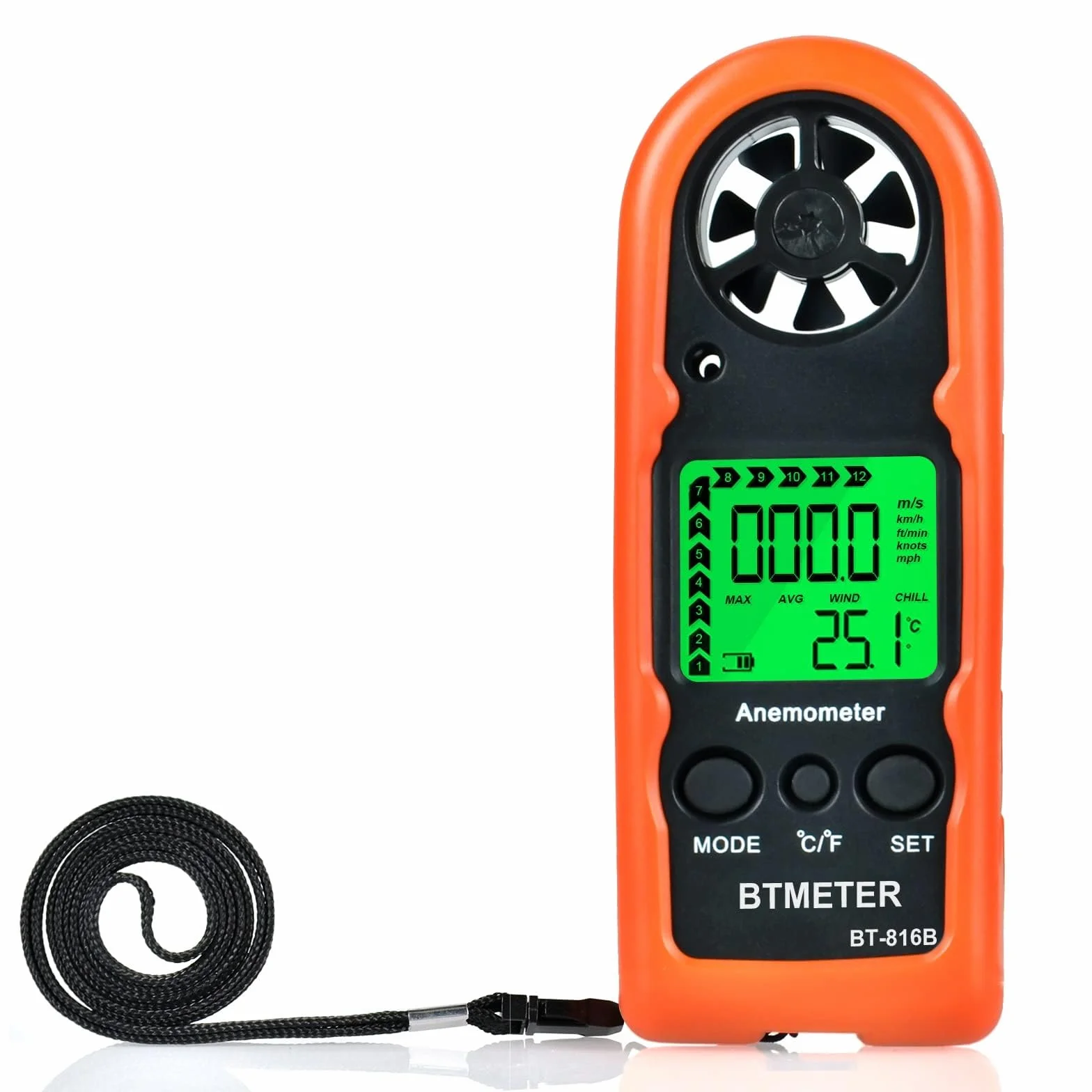 BTMETER BT-816B Anemómetro de mano digital, medidor de velocidad del viento con retroiluminación LCD