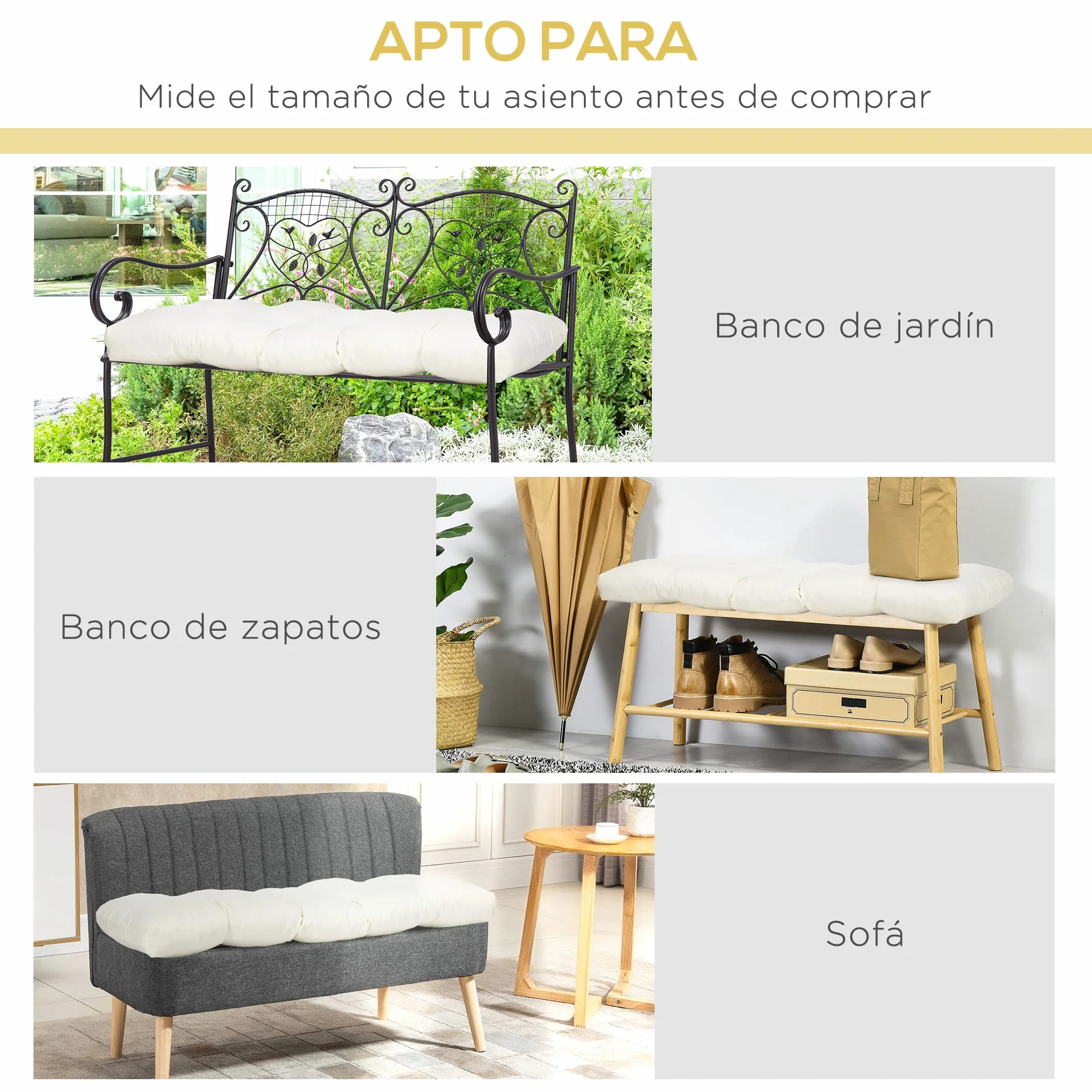 Outsunny Cojín para Banco de 2 Plazas 110x48x8 cm Lavable Crema
