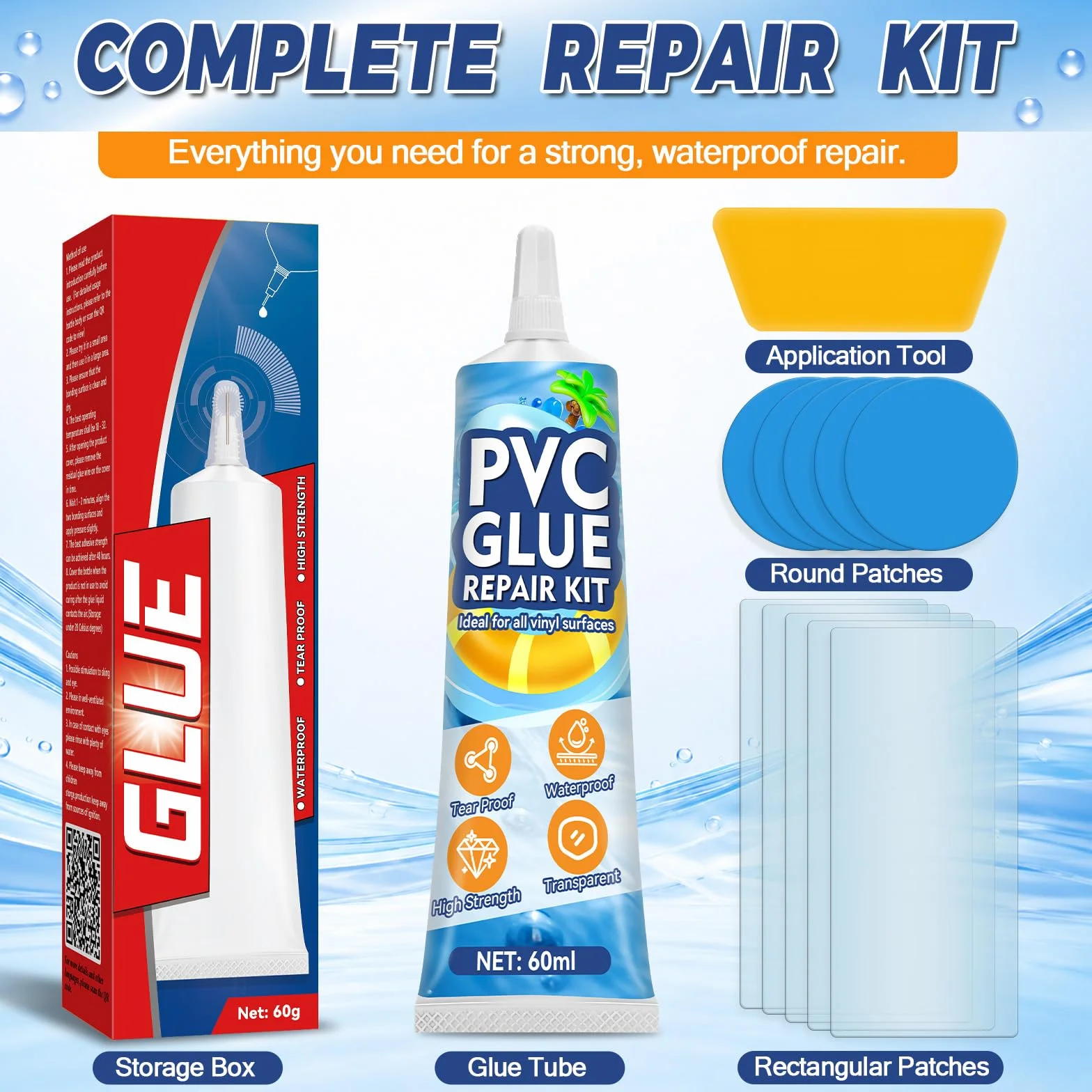 Vigorder Parches Piscina 60ml Kit Reparación Impermeable Vinilo Inflables Piscina Jacuzzi Barco PVC Balsa Kayak Exterior