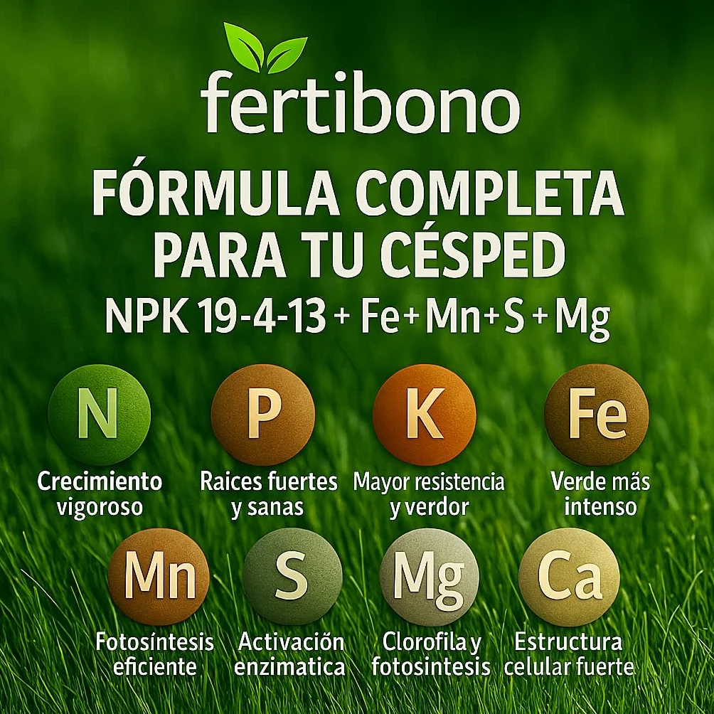FERTIBONO Abono Césped 7kg NPK Magnesio Hierro Manganeso Azufre Hasta 280 m2