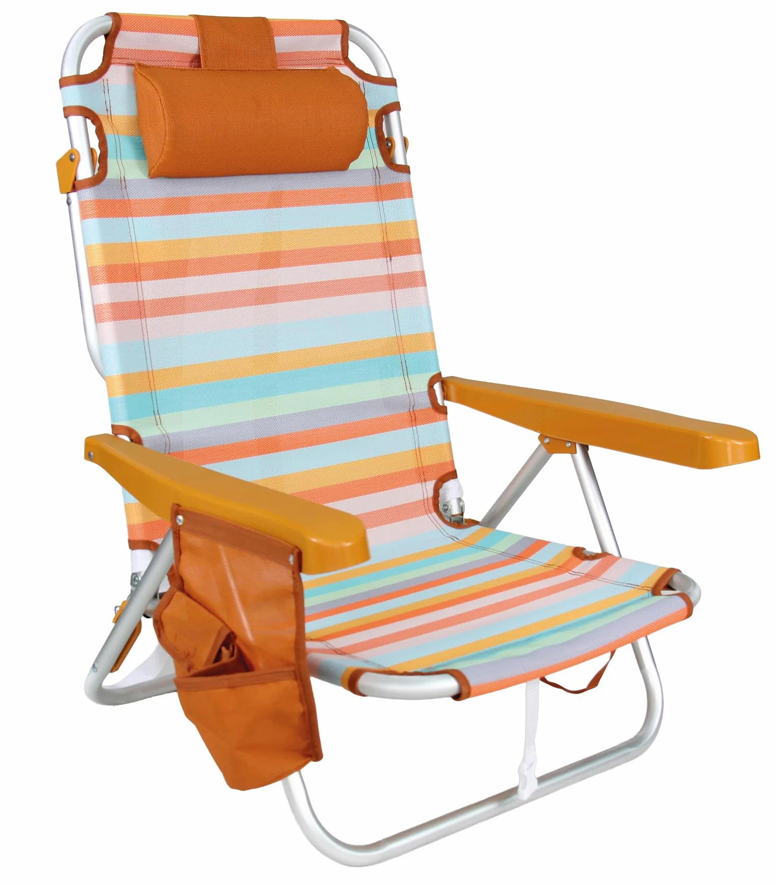 Silla de Playa Plegable Aluminio Reclinable Mochila 22cm Altura Asiento 25cm Reposacabezas Ocre Rayada