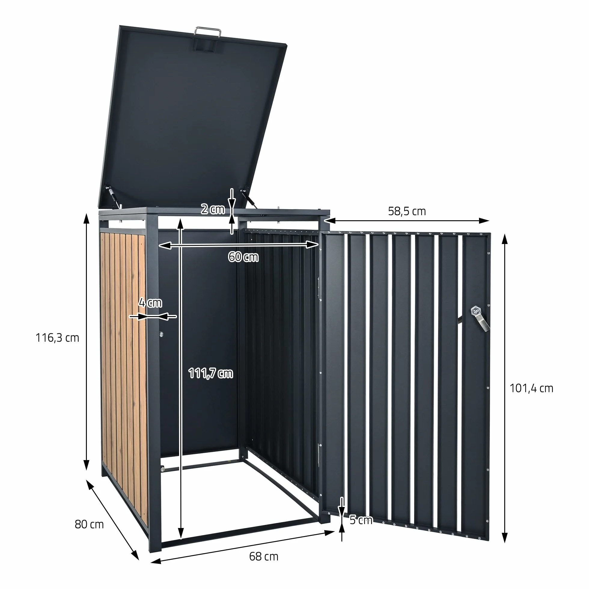 Cobertizo para Cubo de Basura 240L Antracita Aspecto Roble 68x80x116,3 cm Caseta de Acero para Jardín Exterior