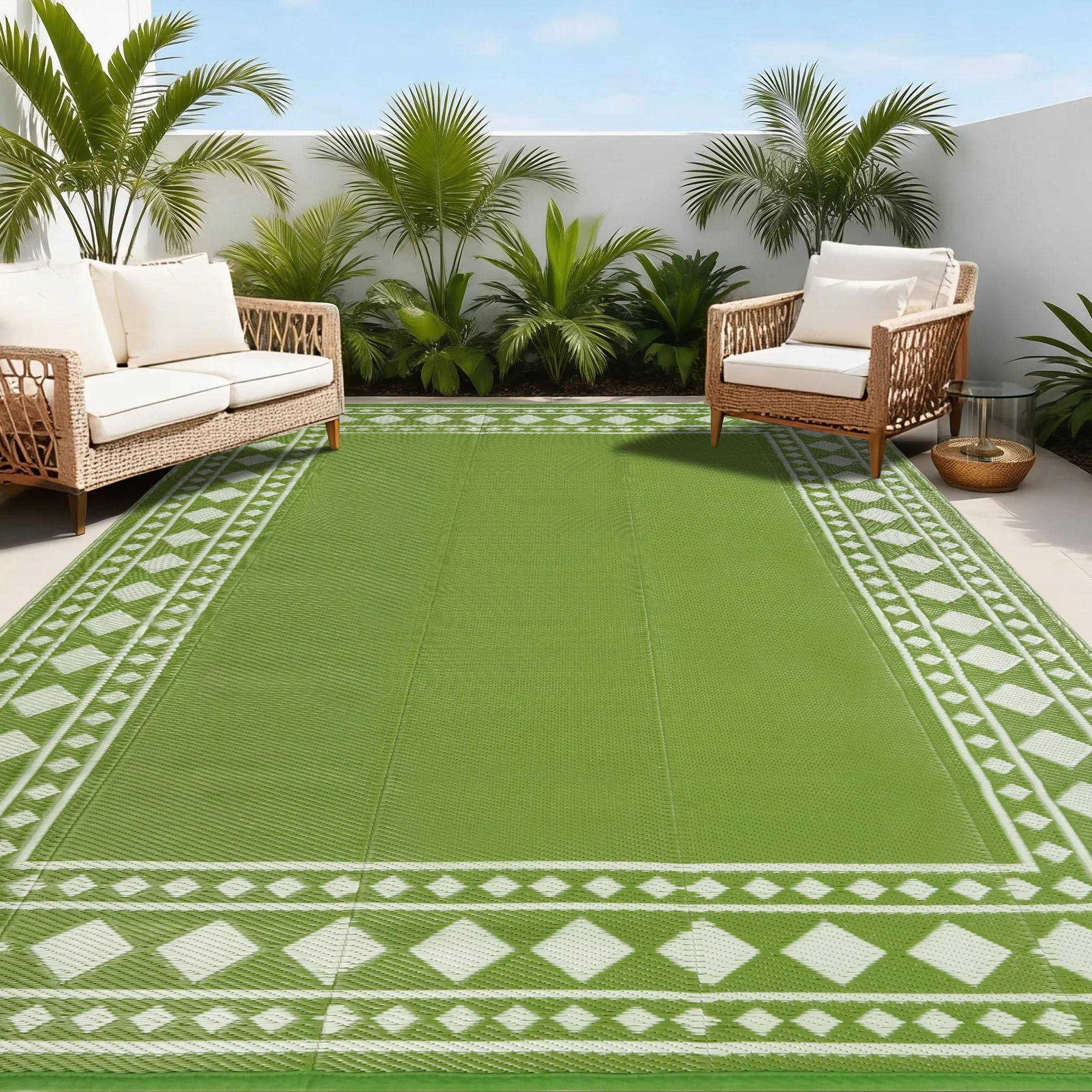 Alfombra de exterior resistente a la intemperie 180 x 270 cm reversible permeable al agua plástico camping terraza jardín verde