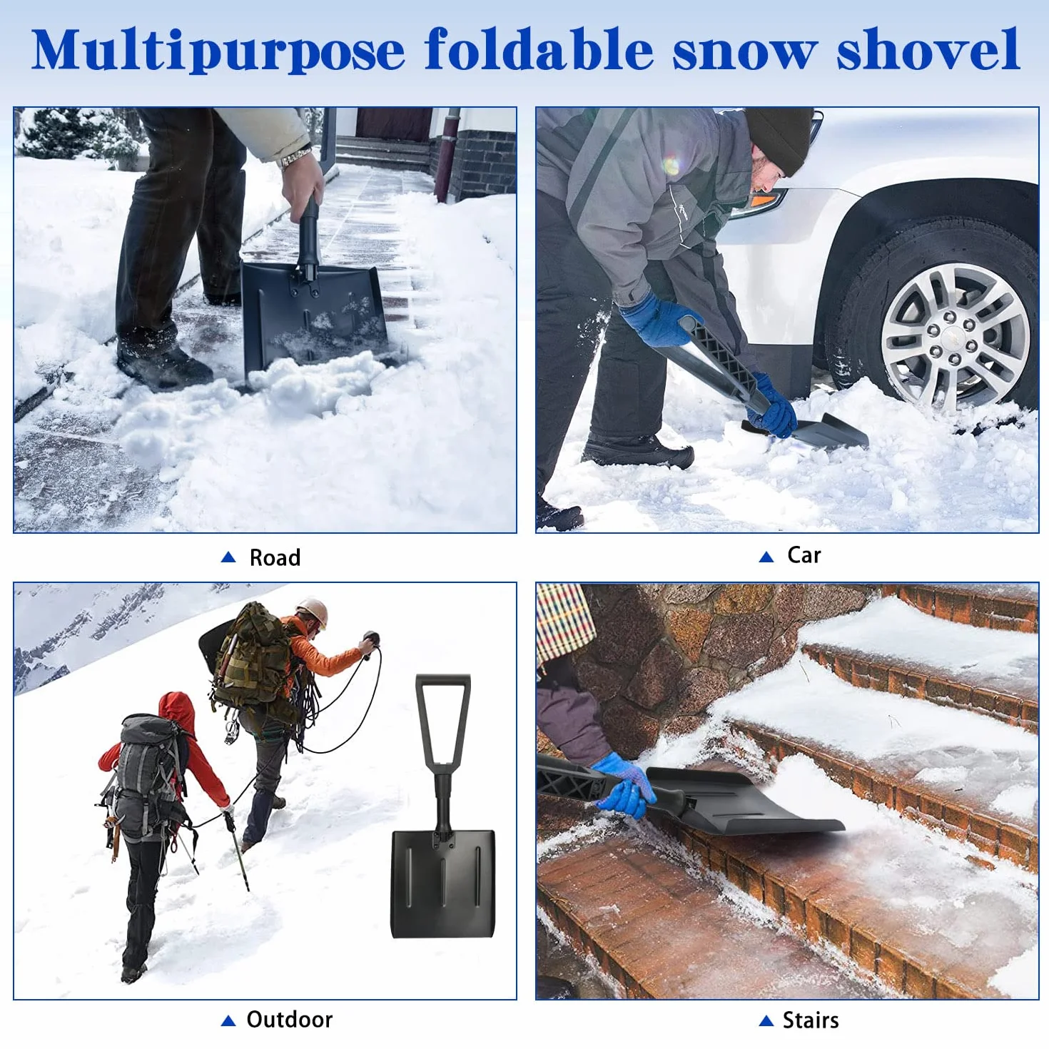 Pala de Nieve Plegable Invierno con Bolsa de Transporte, Mango Ajustable para Jardín Coche Camping