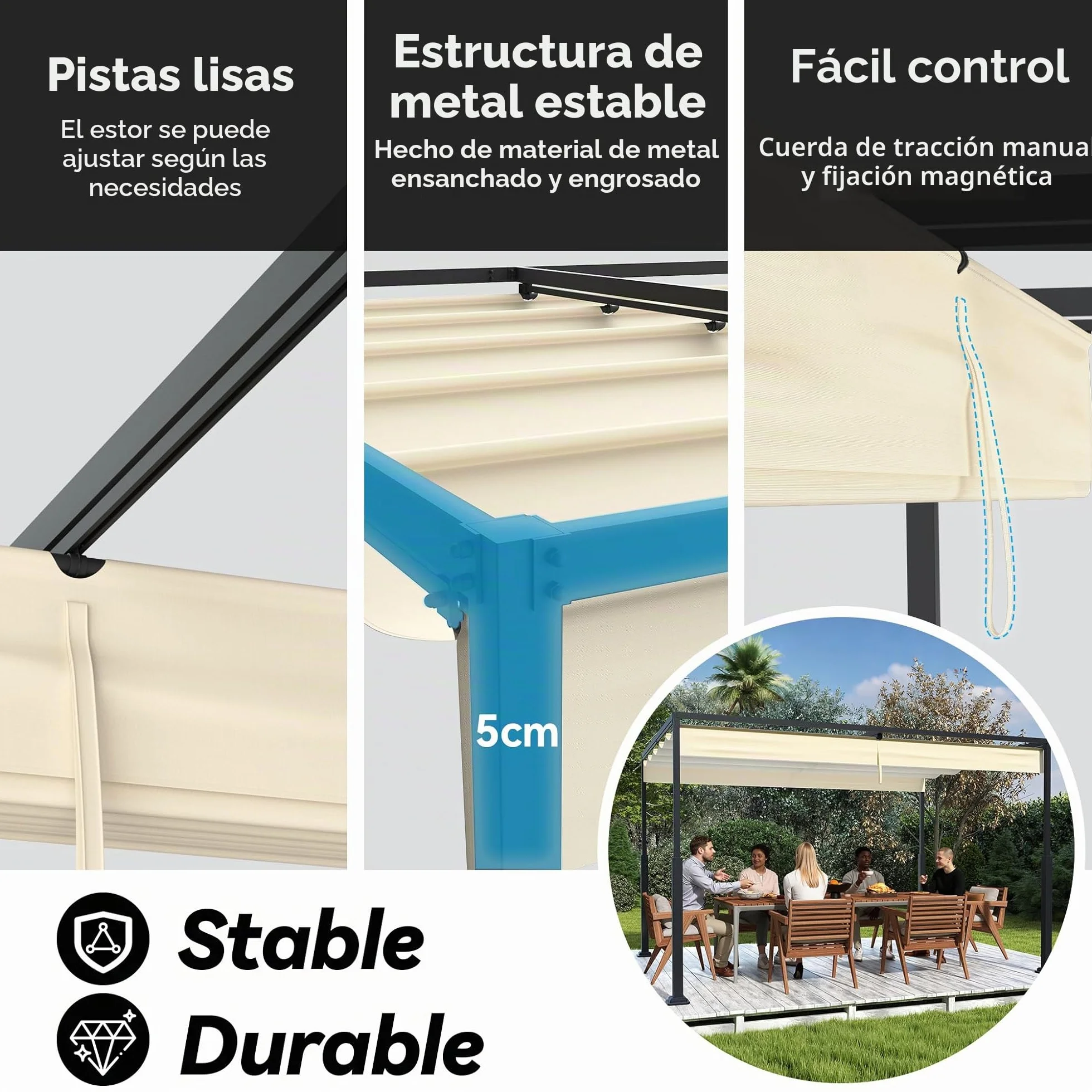 Pérgola para exteriores de 3 x 4 m, marco de metal estable, con protección solar y viento, techo solar, toldo retráctil para jardín, terraza y balcón (beige)