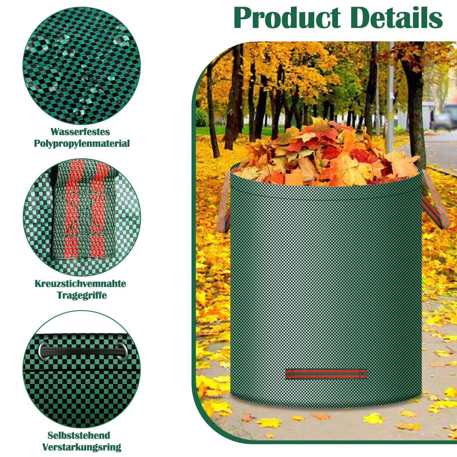 Saco de basura para jardín 3 x 272 L plegable de polipropileno resistente a desgarros