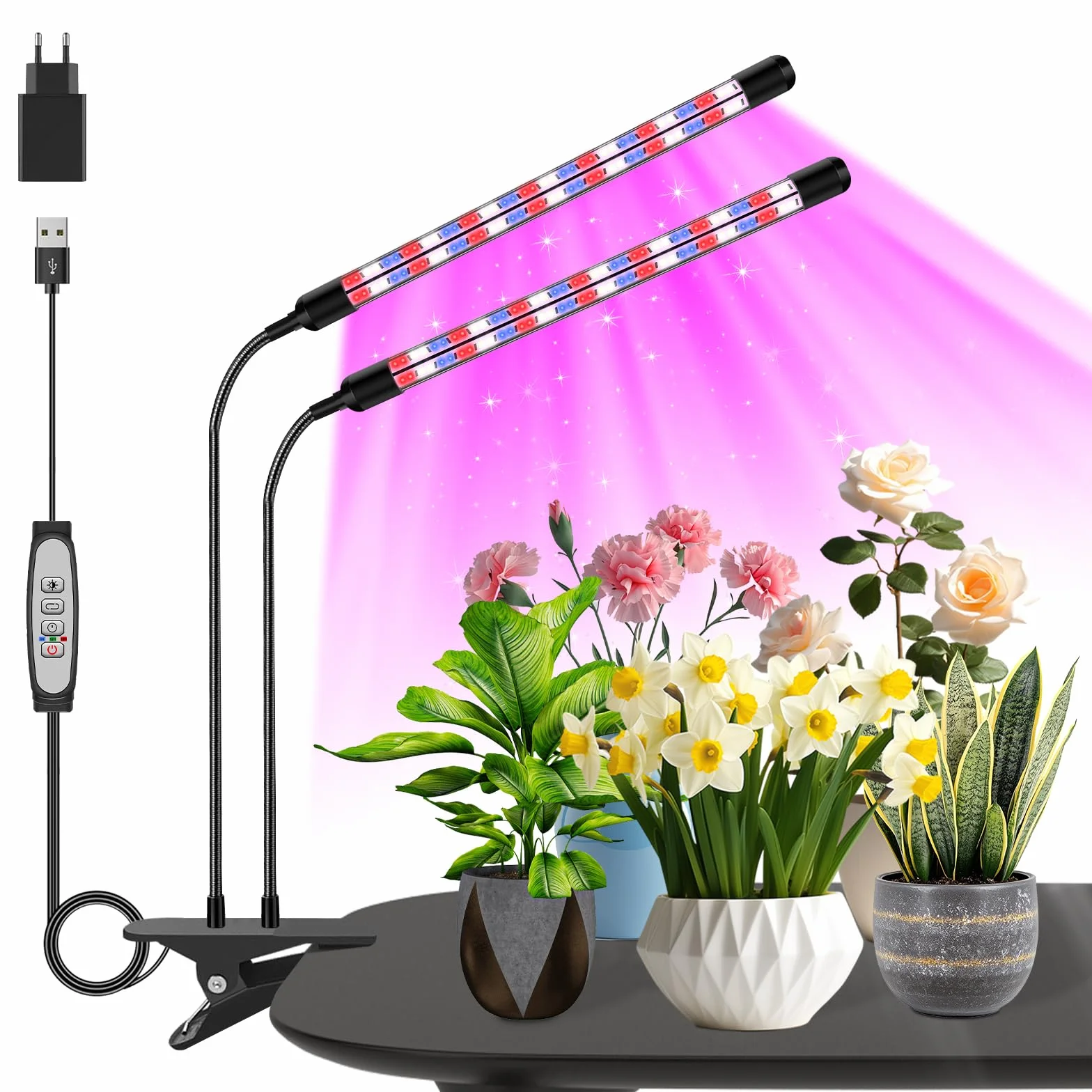 Lámpara para plantas 2 cabezales, luz crecimiento espectro completo interior, temporizador 6/12/18h Rojo+Azul