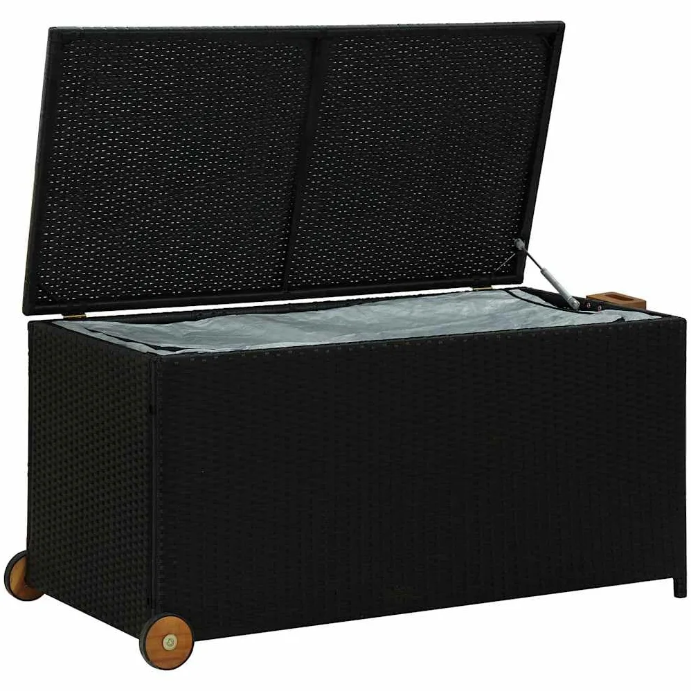 Caja acolchada negra de 120 x 65 x 61 cm, de ratán sintético resistente a la intemperie, con mango de madera, bolsillo interior impermeable y 2 ruedas para guardar almohadas y mantas