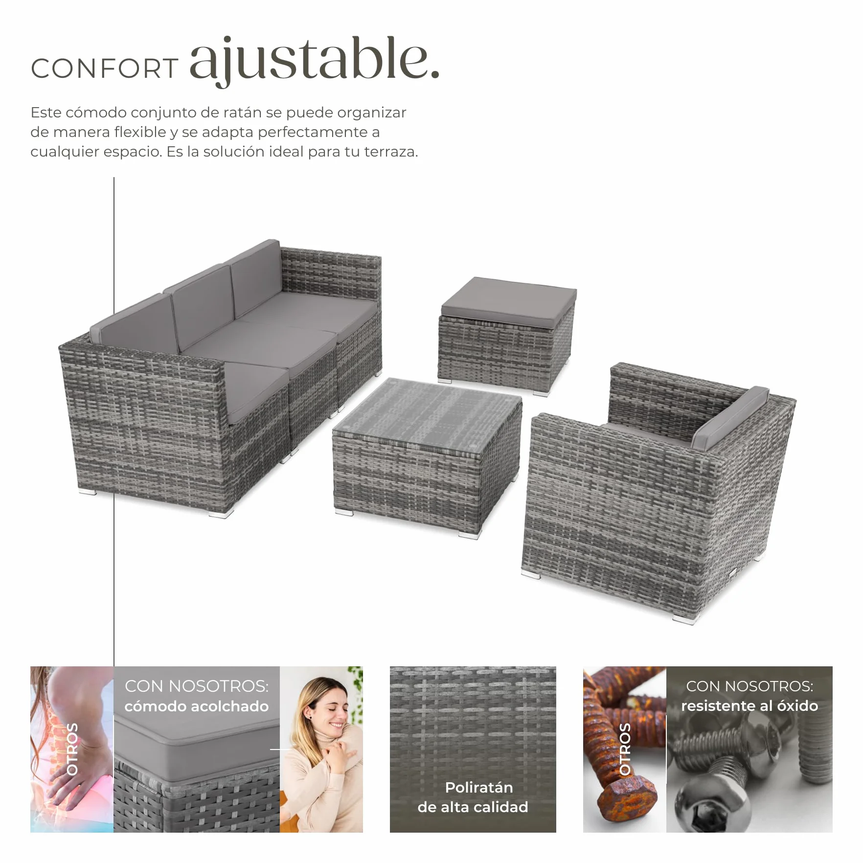 TecTake Conjunto Jardín Ratán Acero 6 Plazas Mesa Cristal Fundas Extraíbles