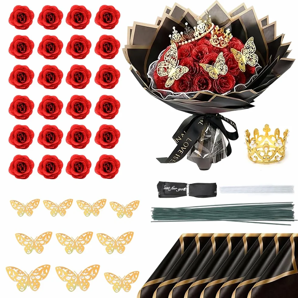 Ramo de rosas con purpurina 24 unidades corona regalos boda aniversario compromiso cumpleaños Navidad San Valentín Rojo