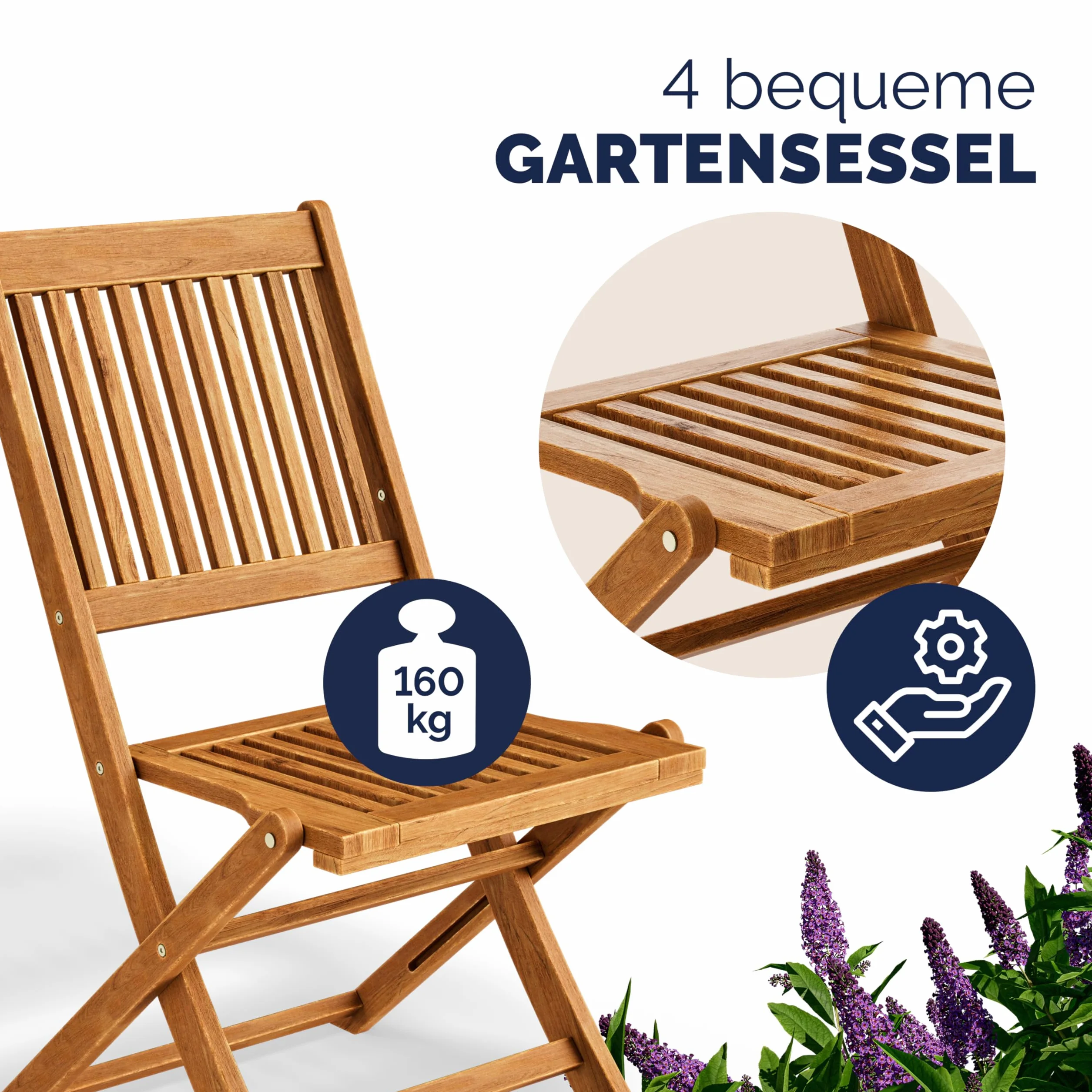 CASARIA® Juego de Muebles de Jardín 5 Piezas Mesa Extra Estable con Refuerzo Madera Acacia FSC® 4 Sillas Plegable Exterior