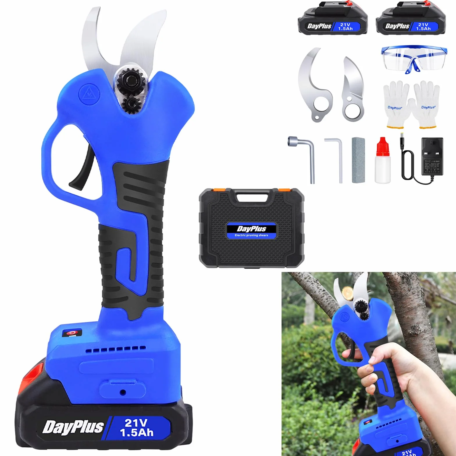 Tijeras de podar con batería para jardinería y poda, 21 V, batería eléctrica, profesional, con 2 baterías de litio y cargador, 28 mm, batería de 28 mm