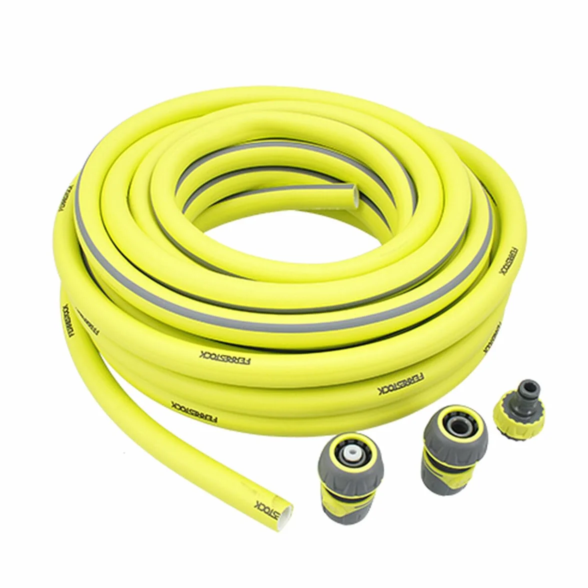 Ferrestock Manguera de Jardín de 20 Metros, 3/4" de Grosor (19mm), Antitorsión, PVC Flexible con Refuerzo de Poliéster, 3 Capas, Resistente a los Rayos UVA, Antialgas, Incluye Accesorios.