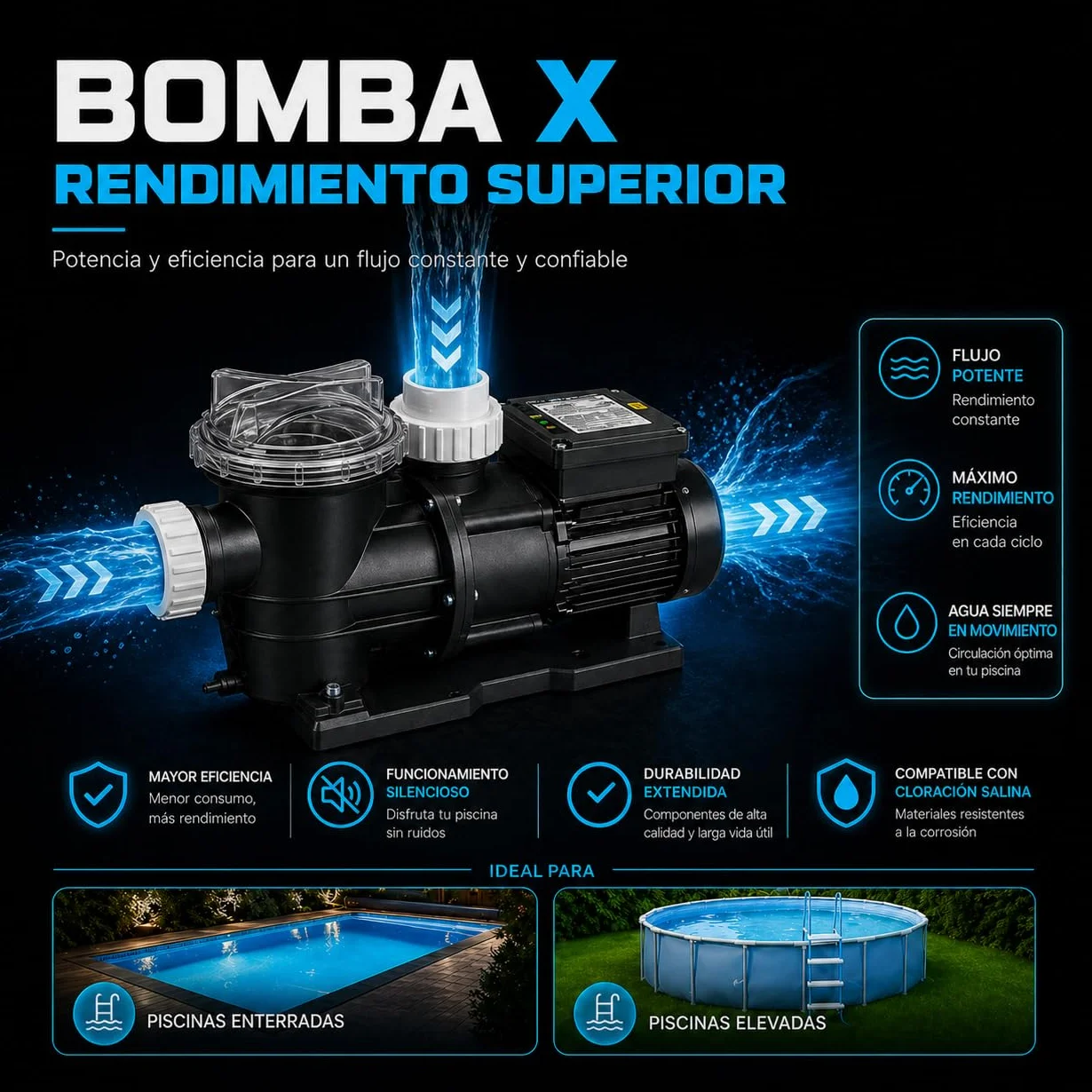 Bomba para Piscina 16500 L/h 1 CV 750 W Filtración con Cesta Extraíble