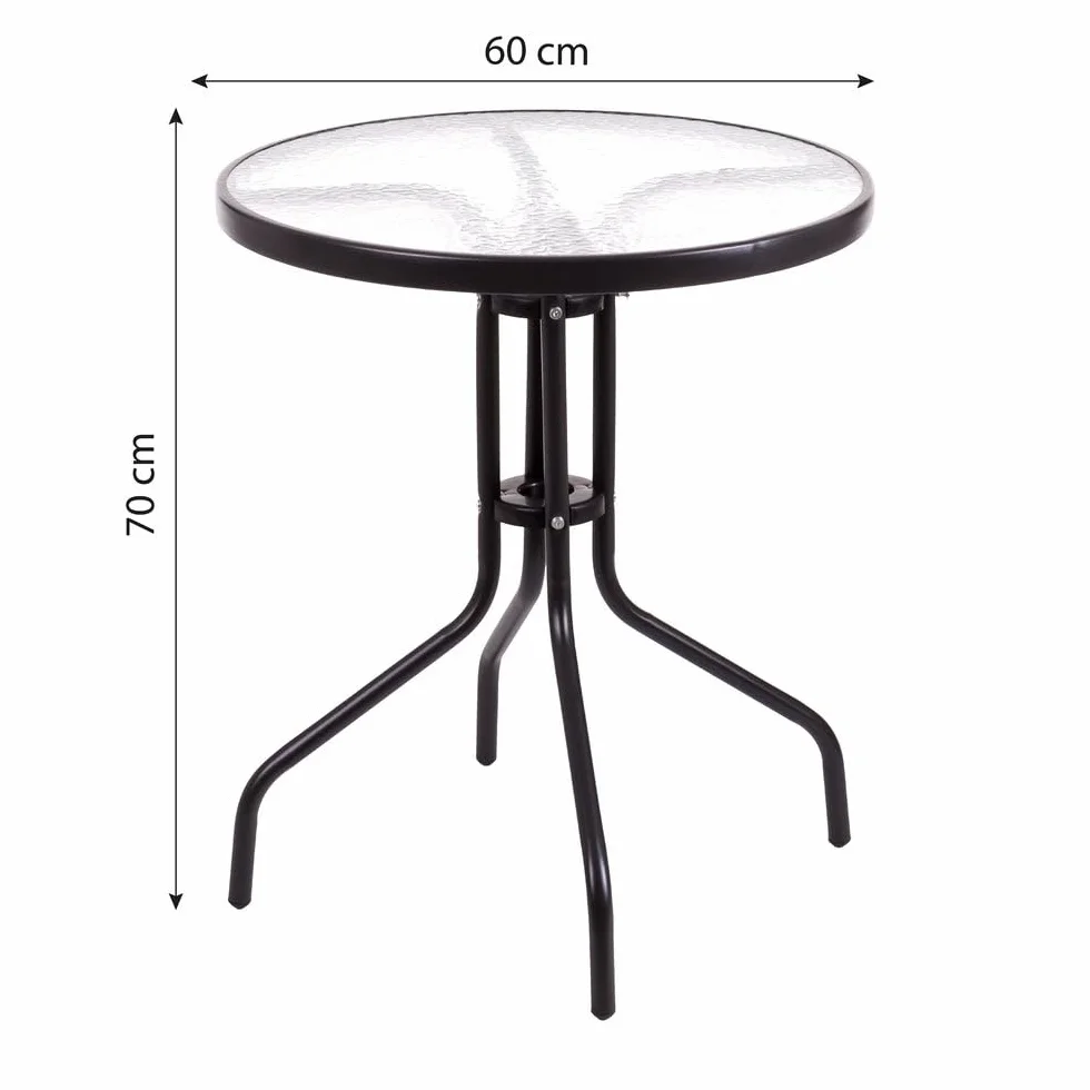 MONTY Conjunto Exterior Mesa 60 cm Acero Cristal Templado 2 Sillas Textileno Antracita
