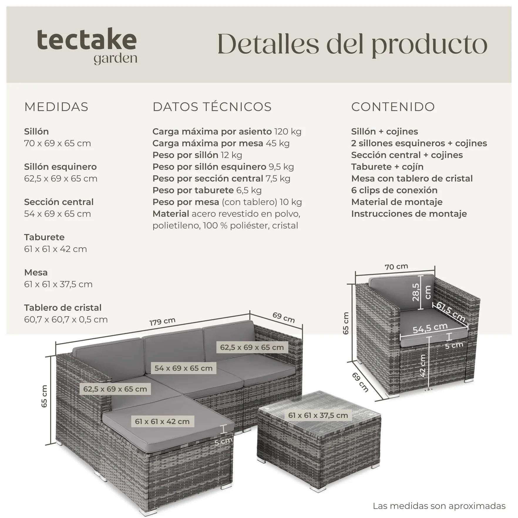 TecTake Conjunto Jardín Ratán Acero 6 Plazas Mesa Cristal Fundas Extraíbles