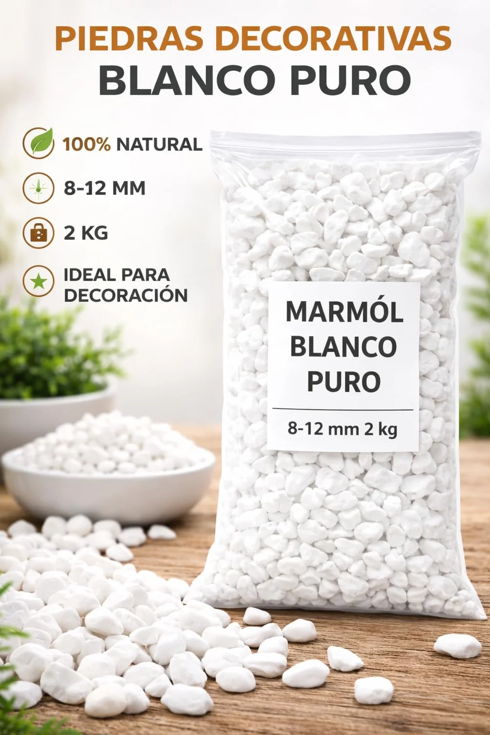 Piedra Grava Blanca Bolsa 2kg Decorativa para Jardín Macetas 8-12 mm Blanco