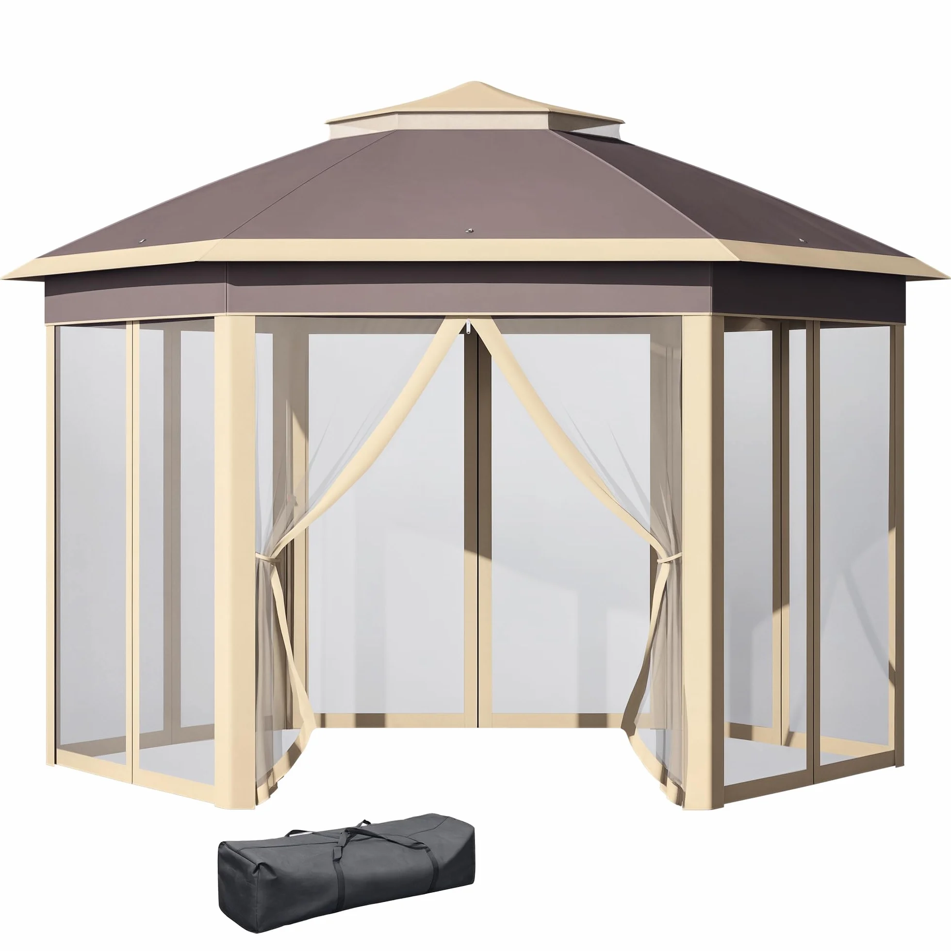 Outsunny Carpa Plegable 4x3,4x2,85 m Cenador de Jardín Hexagonal con Doble Techo 6 Mosquiteras Desmontables Bolsa de Transporte Altura Ajustable en 3 Niveles y Anti-UV Gazebo para Fiesta Patio Beige