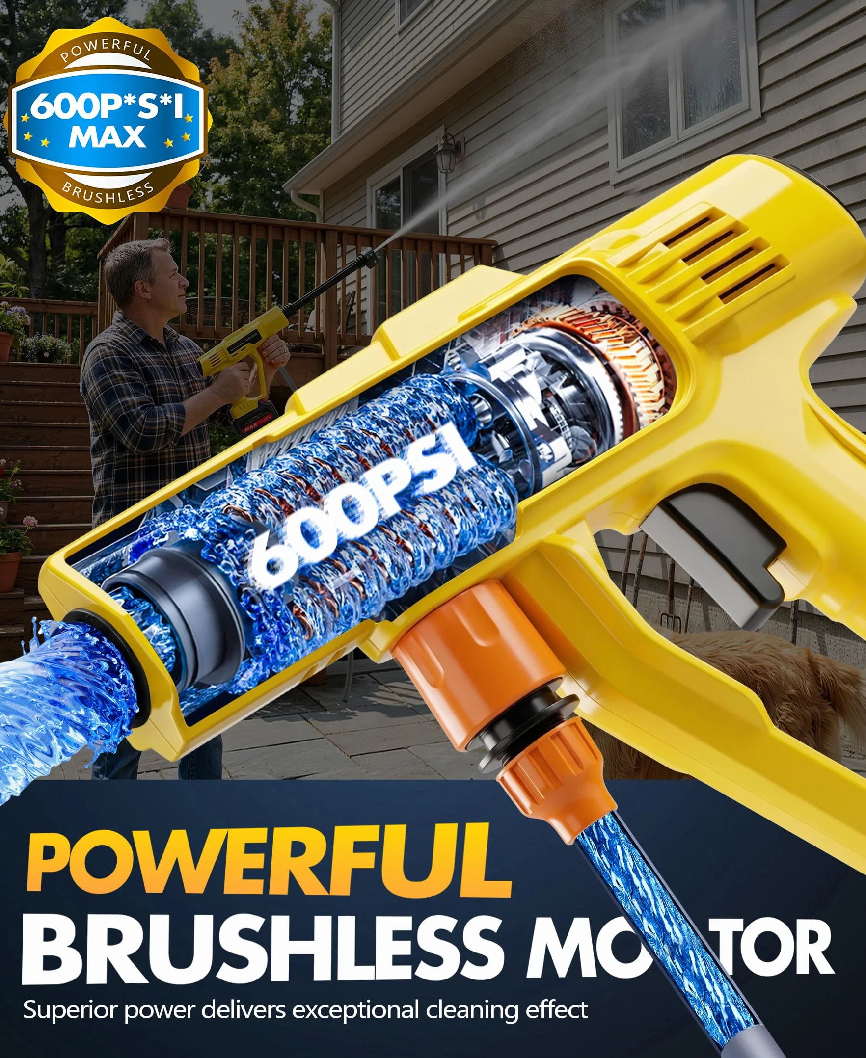 Hidrolimpiadora de Alta Presión a Batería 600PSI Pistola de Agua 6 en 1 con Boquilla Ajustable y 3 Velocidades