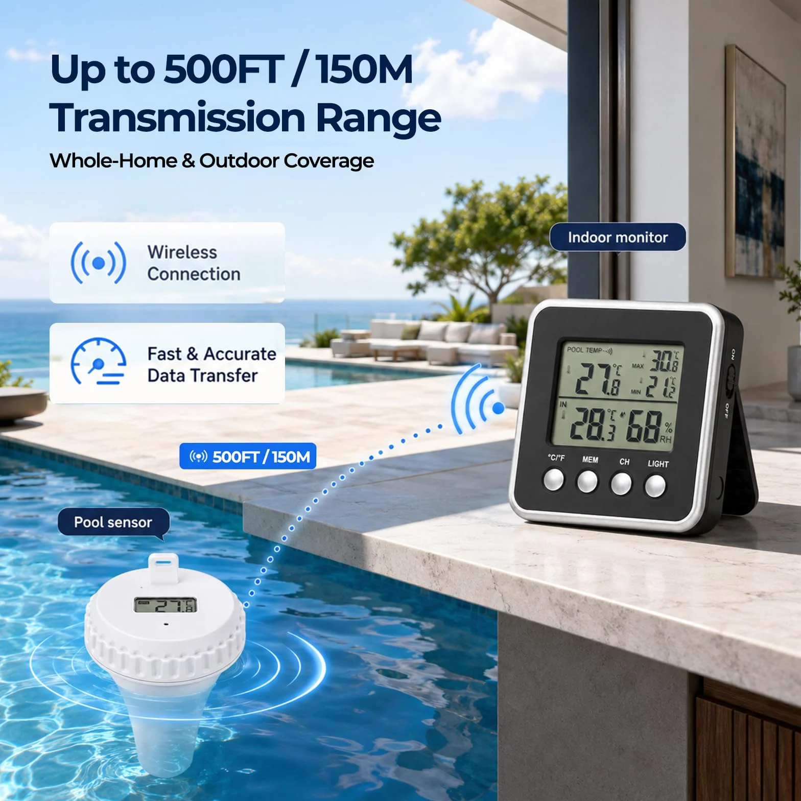 Termómetro de Piscina Inalámbrico 150m Sensor Flotante IPX8 Impermeable Monitor Interior Medición Tiempo Real