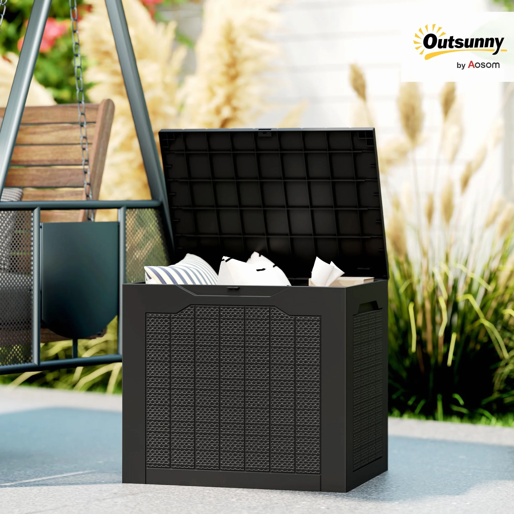 Outsunny Baúl de Almacenaje Exterior 93L Arcón de Jardín Plástico Impermeable 56x41x50 cm Negro