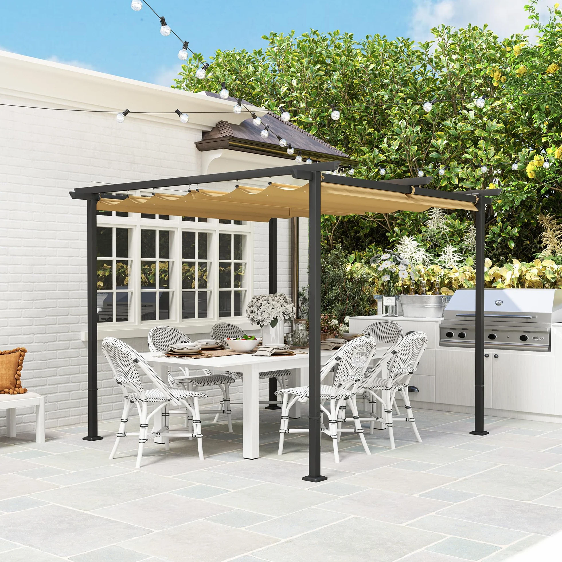 Outsunny Pérgola 3x3m Pabellón de jardín con techo de terraza de metal, pabellón de jardín con techo solar ajustable, protección UV 30+ Protección solar independiente para terraza y jardín, Beige