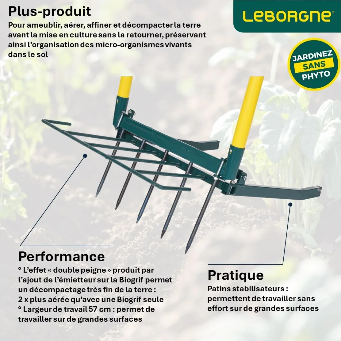 Leborgne, Desmenuzador para Biogrif 5 Dientes NaturOvert, Herramienta de jardinería de acero, ideal para ventilar y desmenuzar el suelo, compatible con todo tipo de tierra, tamaño compacto para un uso