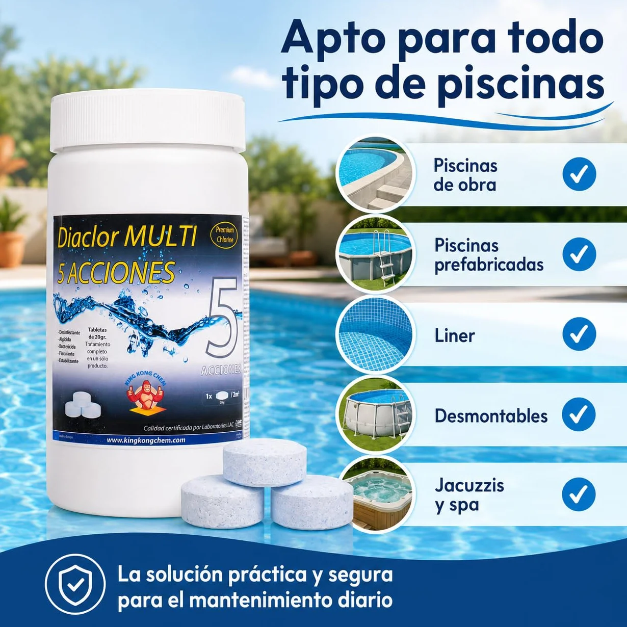 Pastillas de Cloro 5 Acciones Diaclor Mini Piscinas 1 kg Sin Cobre