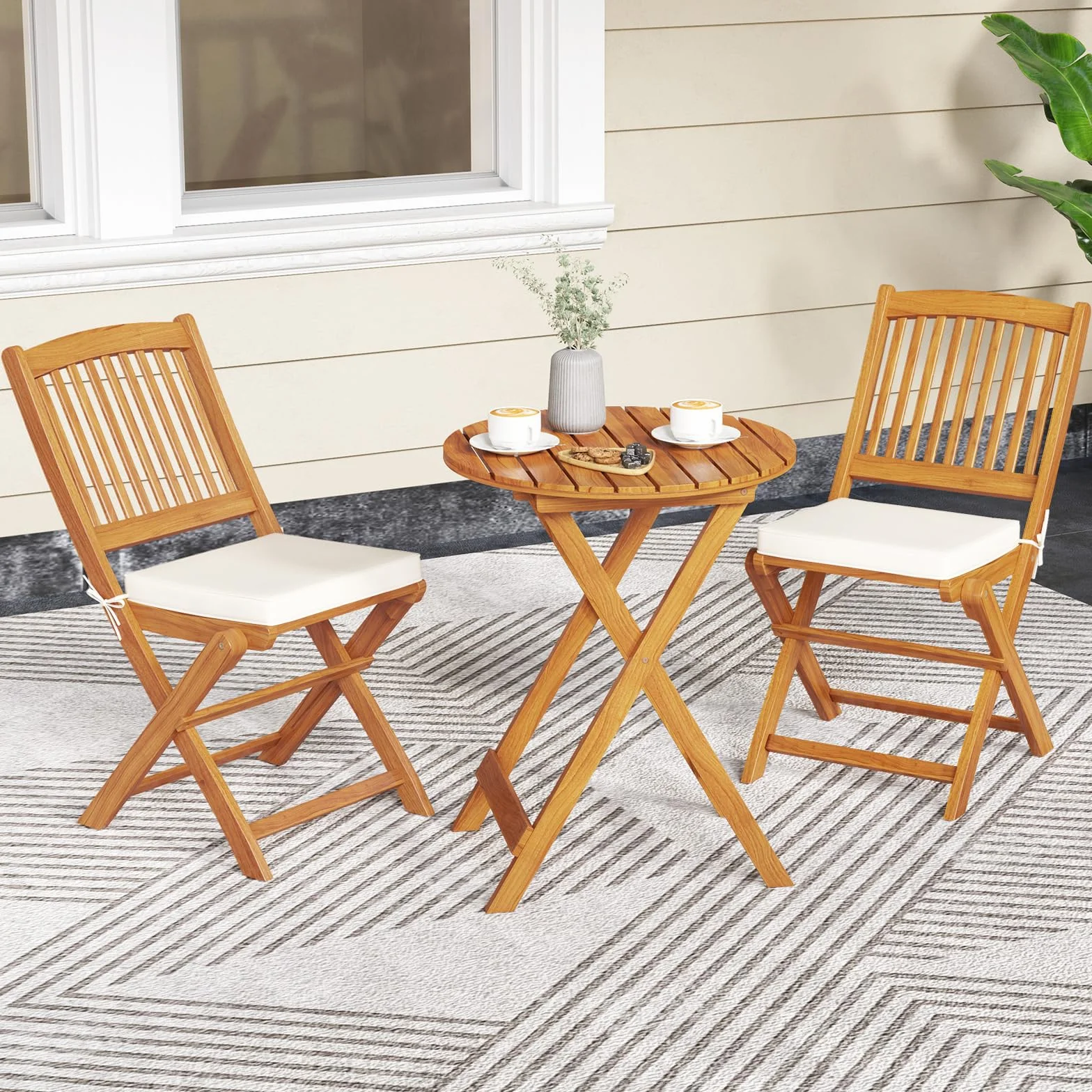 GOPLUS Juego de Mesa y Sillas para Jardín 3 Piezas, Mesa Redonda y 2 Sillas Plegables con Cojines, Madera de Acacia, Beige