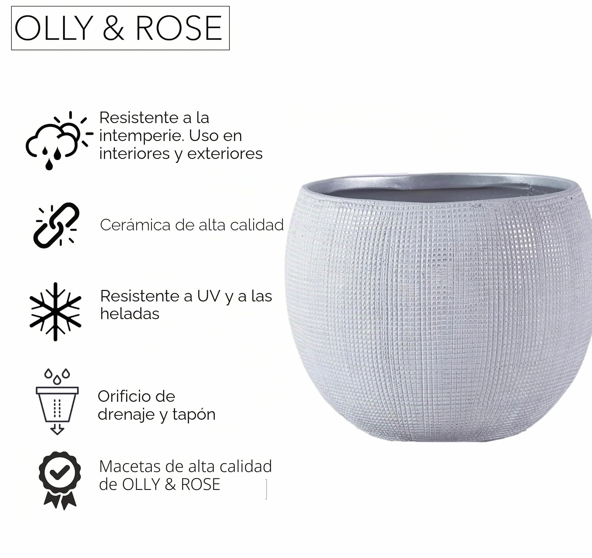 Olly & Rose Barcelona - Macetas de cerámica de color gris claro, 25 cm, macetas grandes para exteriores e interiores, macetas grises