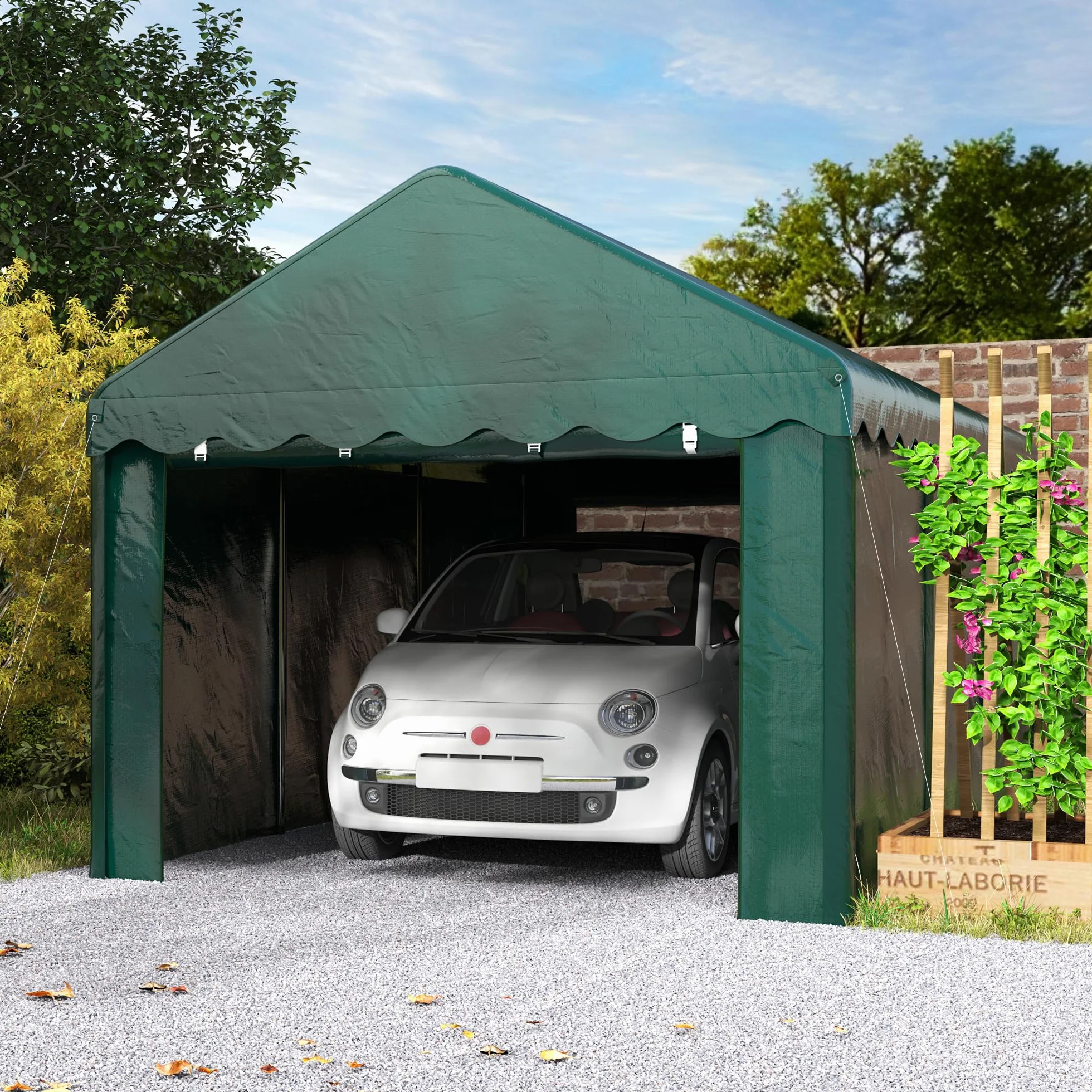 Outsunny Carpa Garaje 3x6 m Cubierta Coche Exterior 2 Puertas Rollables Tela PE 200 g Protección UV Impermeable