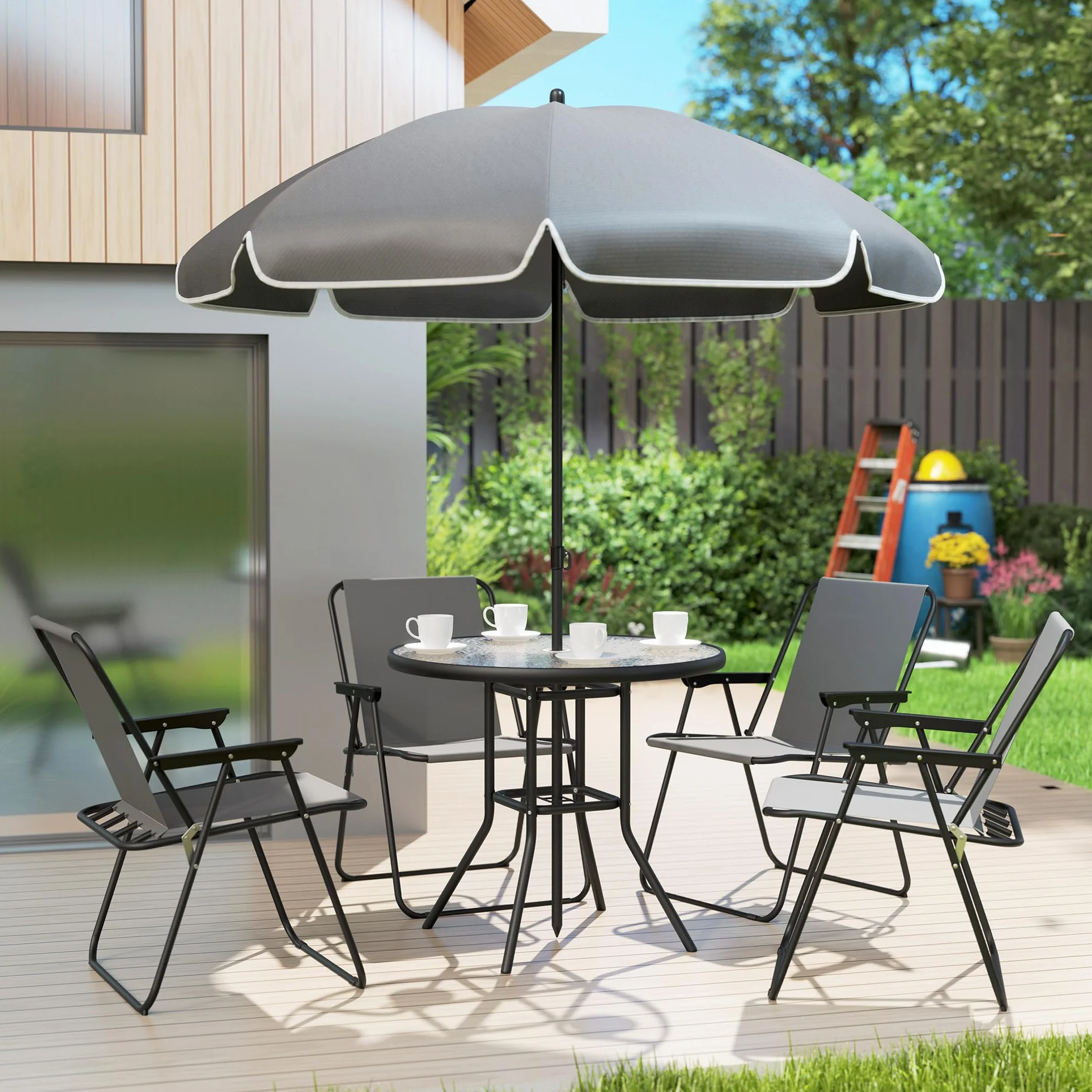 Outsunny Conjunto de Mesa y Sillas Jardín de 6 Piezas Muebles de Jardín Exterior con 4 Sillas Plegables Mesa de Vidrio y Sombrilla para Terraza Patio Gris