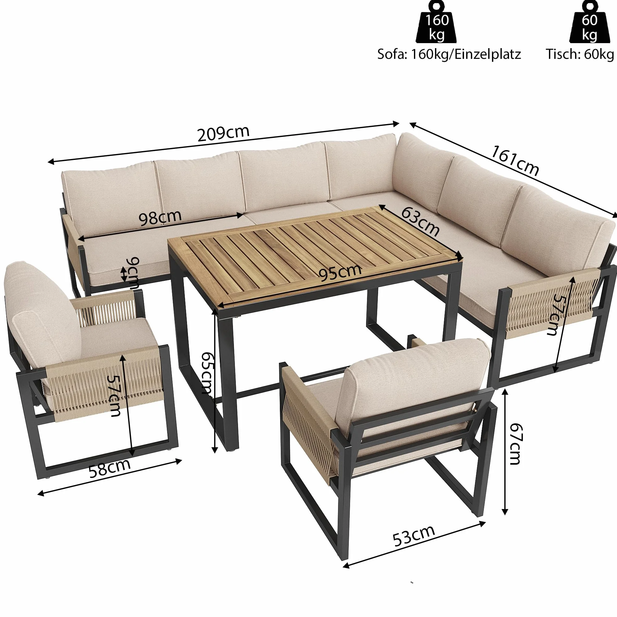 Juego de salón de jardín, grupo de comedor para 7-8 personas, muebles de jardín, juego de muebles de jardín, balcón, terraza, resistente a la intemperie, grupo de comedor moderno
