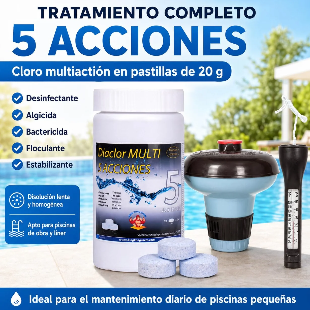 Kit Cloro Piscinas Pequeñas DIACLOR Multi 5 ACCIONES 1 KG Pastillas 20 GR SIN Cobre + DOSIFICADOR + TERMÓMETRO