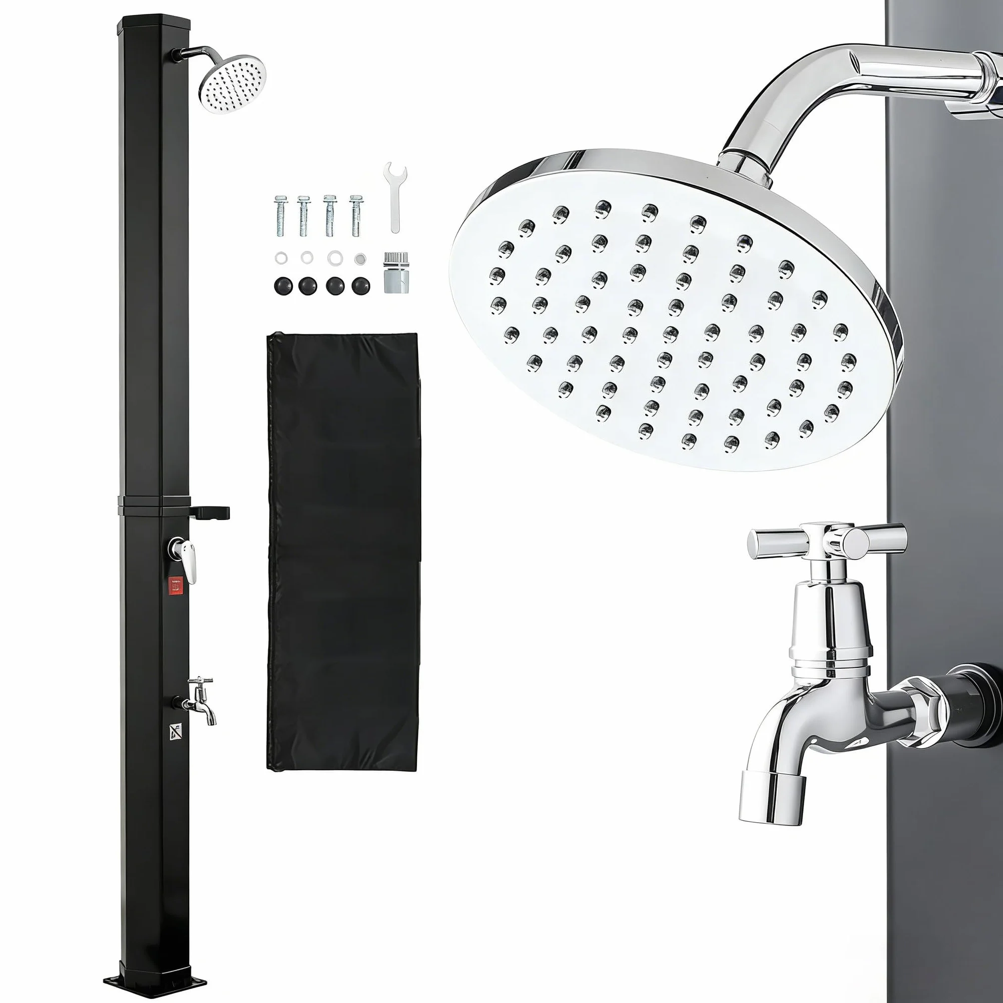 VEVOR Ducha Solar 40 litros 205 cm Exterior Grifo Rociador Cabezal Giratorio 360° Agua Fría Caliente PVC Reforzado Negro