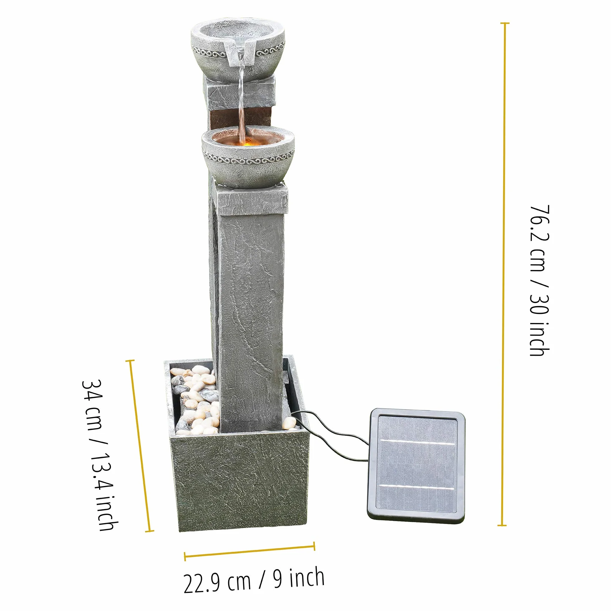 Teamson Home Fuente de Agua Alimentada por Energía Solar con Luces para Jardín y Exteriores, Fuente de Agua en Cascada, Gris Pizarra, Decoración de Interior y Respaldo de Batería