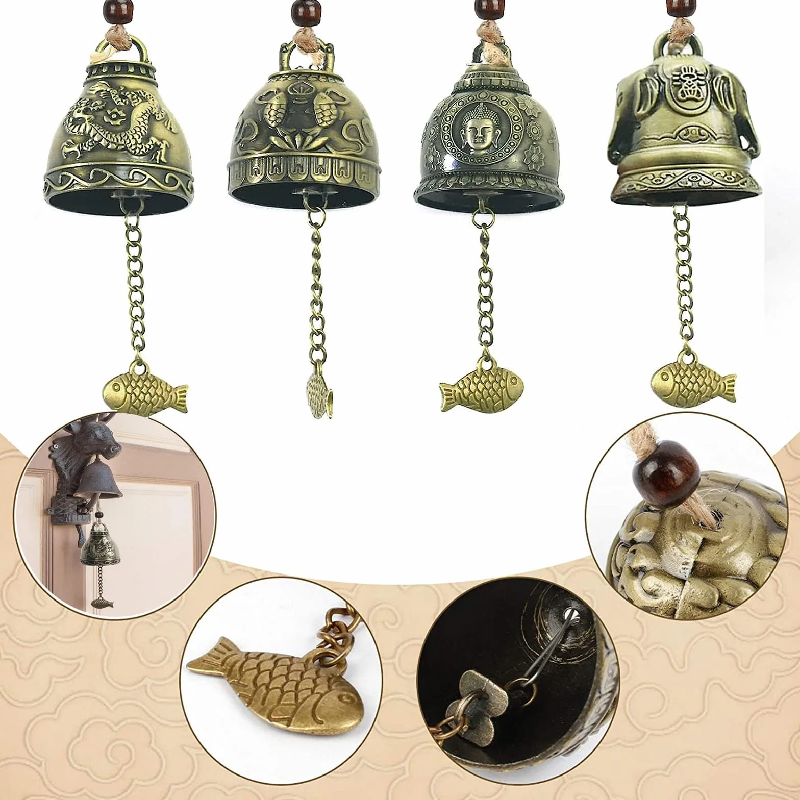 Campanillas De Viento De La Suerte Feng Shui, 4 Piezas Campanas Chinas Clásicas para Decoración Colgante