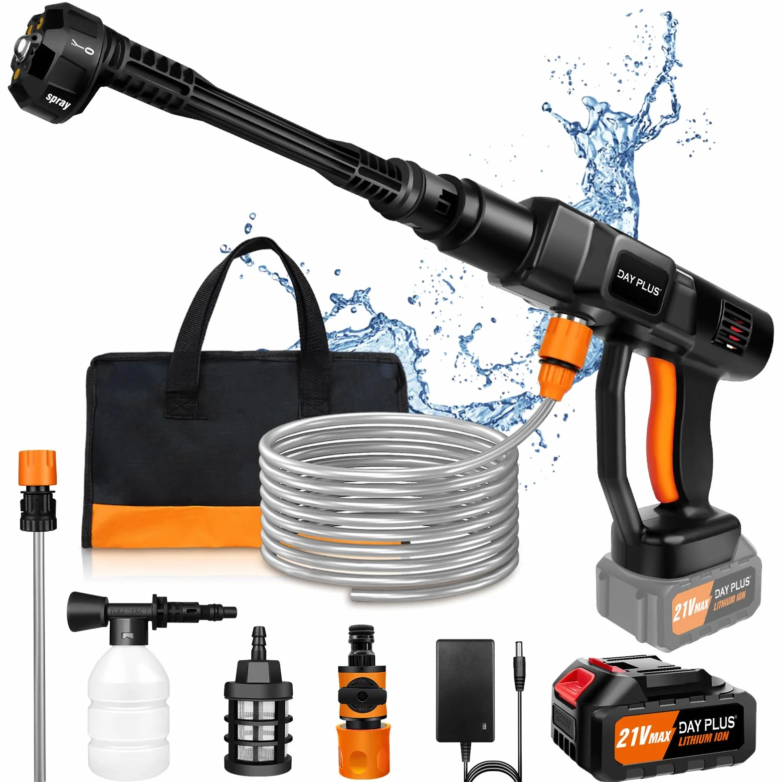 Limpiador de alta presión con batería, 45 bar, 652 PSI, mini limpiador de alta presión inalámbrico con batería de 3000 mAh, boquilla ajustable 6 en 1, manguera de 5 m, utilizado para lavado de coches