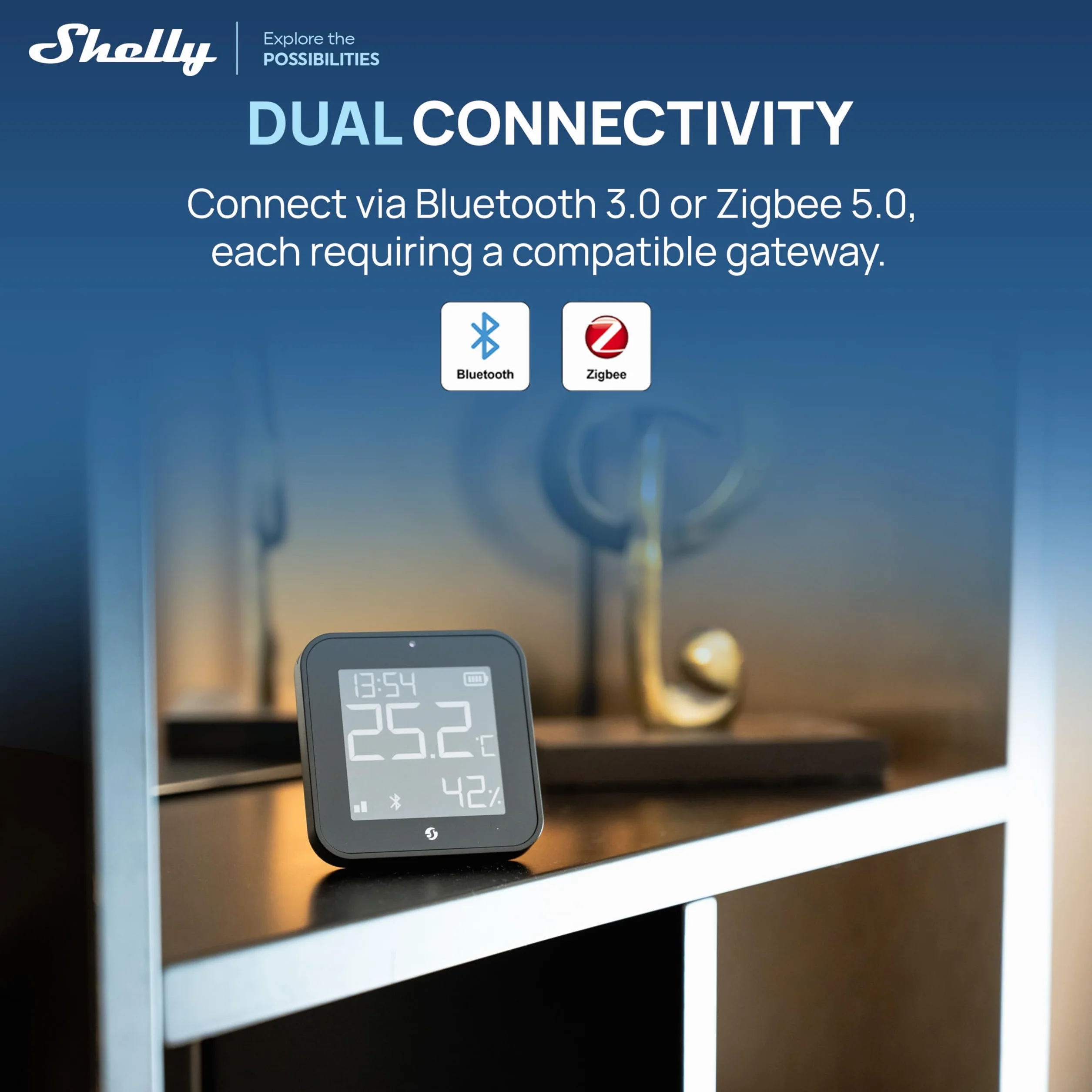 Shelly BLU H&T Display ZB Negro Sensor de temperatura y humedad inteligente Bluetooth Zigbee Monitor termómetro higrómetro interior Compatible Alexa Google Control app