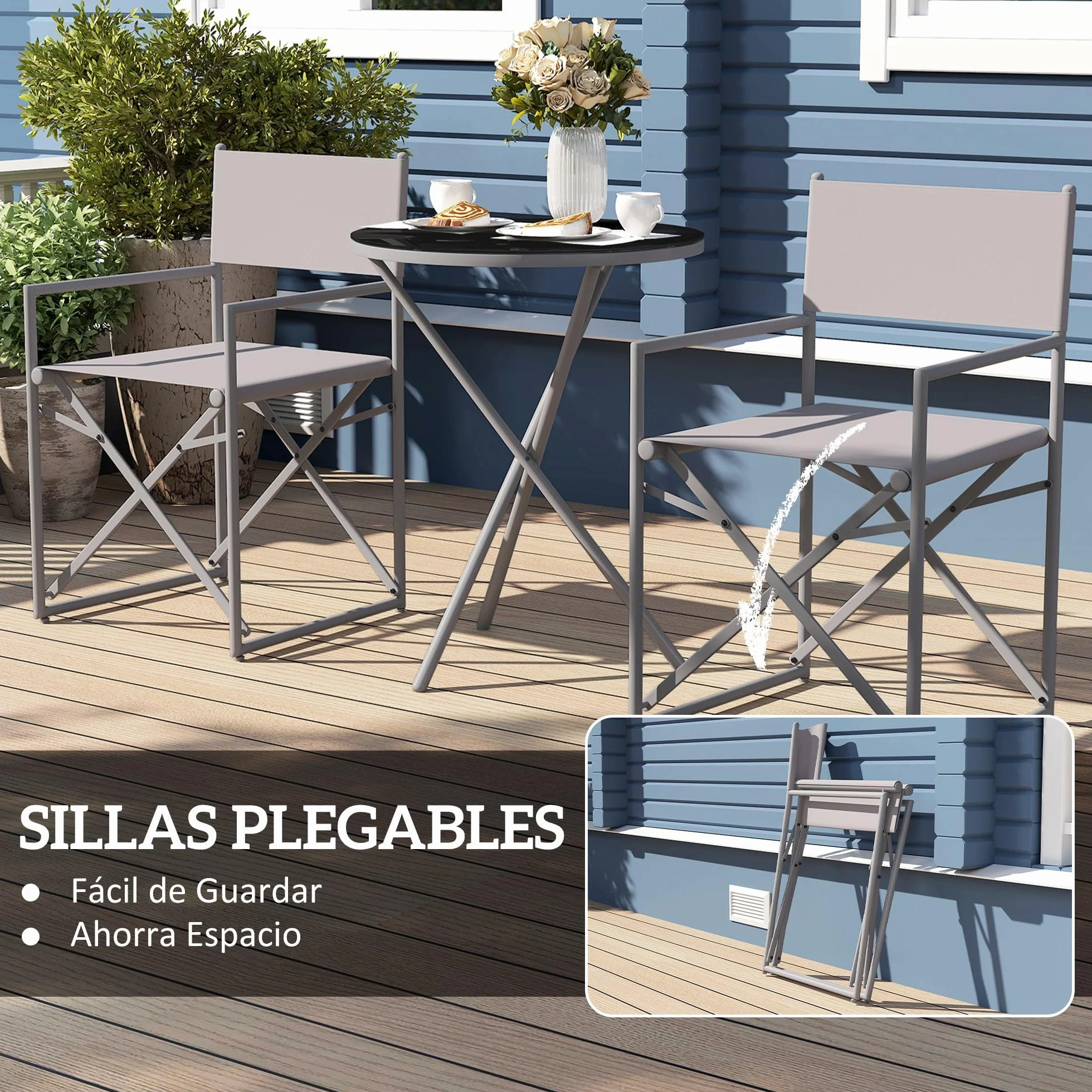 Outsunny Conjunto de Muebles de Jardín de 3 Piezas con Sillas Plegables y Mesa de Vidrio Templado Gris Oscuro