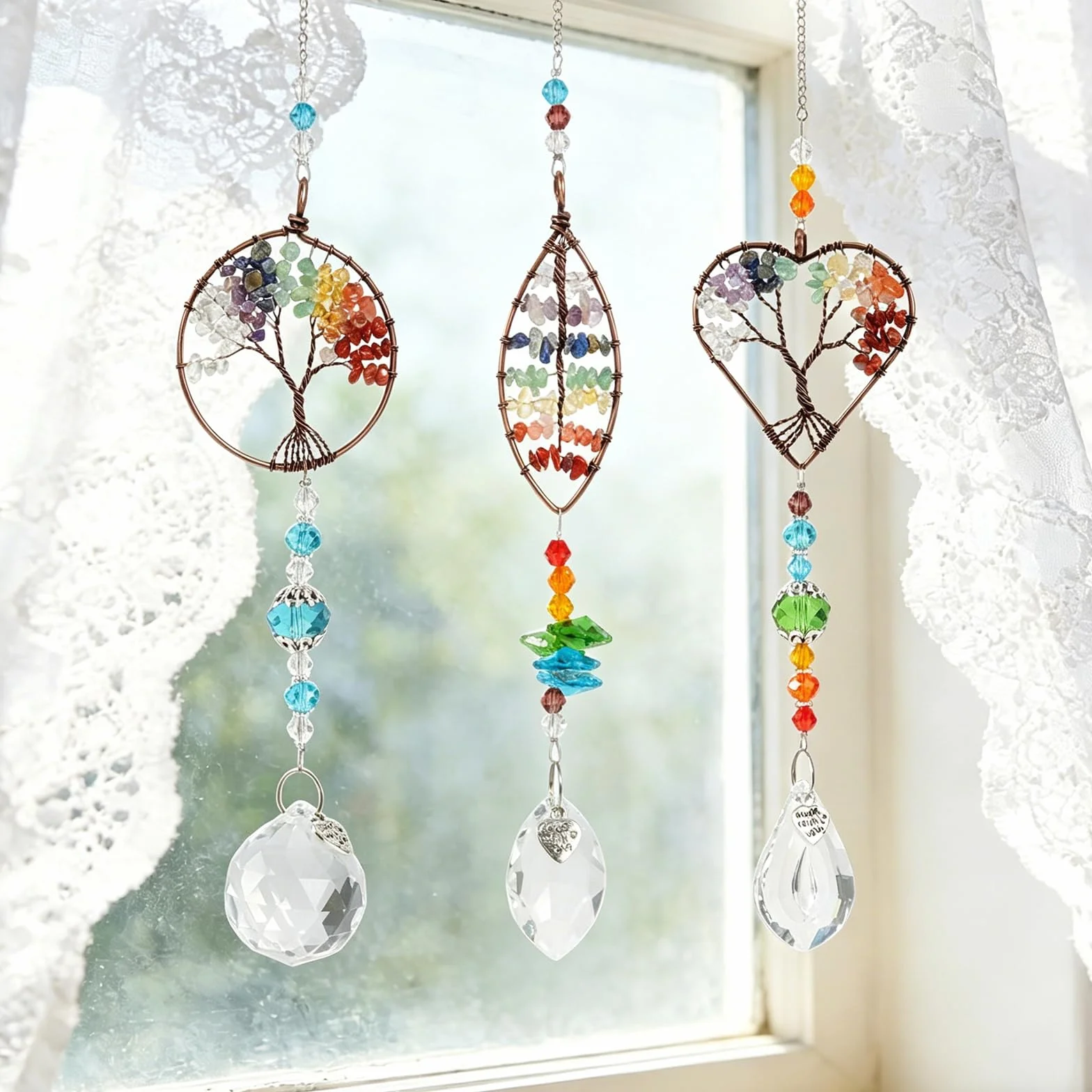 Juego de 3 atrapasueños de cristal, decoración de ventana colgante con piedra natural y cristal, carillón de viento para jardín