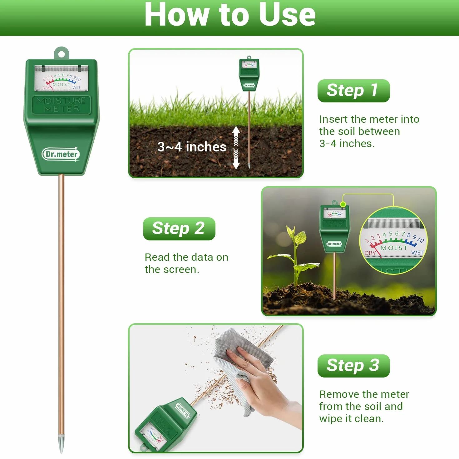Dr.meter 27CM Medidor Humedad Plantas, Higrometro para Interior y Exterior sin Batería