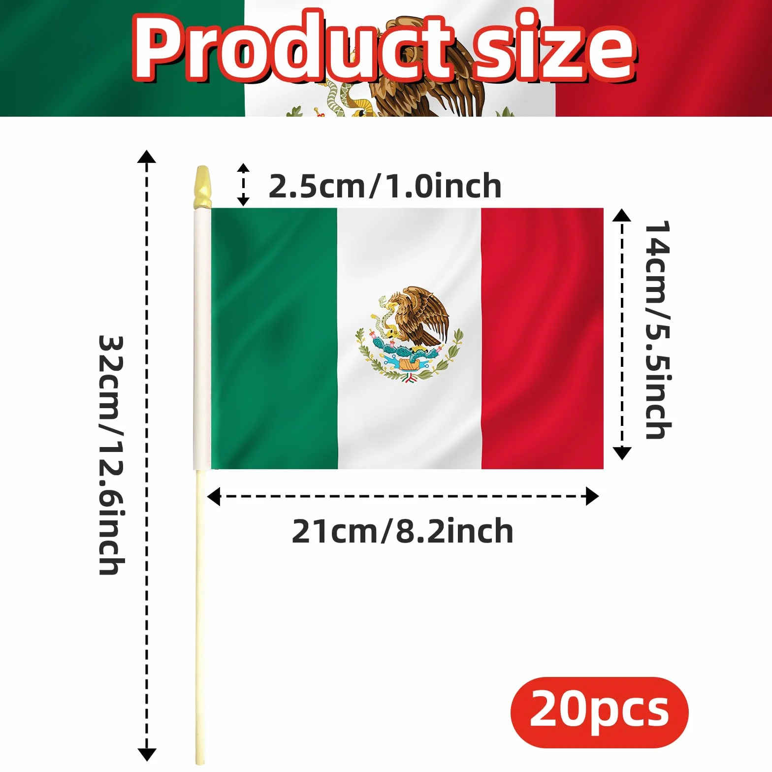 Paquete de 20 banderas mexicanas de mano de 5 x 8 pulgadas, pequeñas banderas de México en palos de madera con parte superior de lanza dorada, mini bandera mexicana para el Cinco de Mayo, Día de la